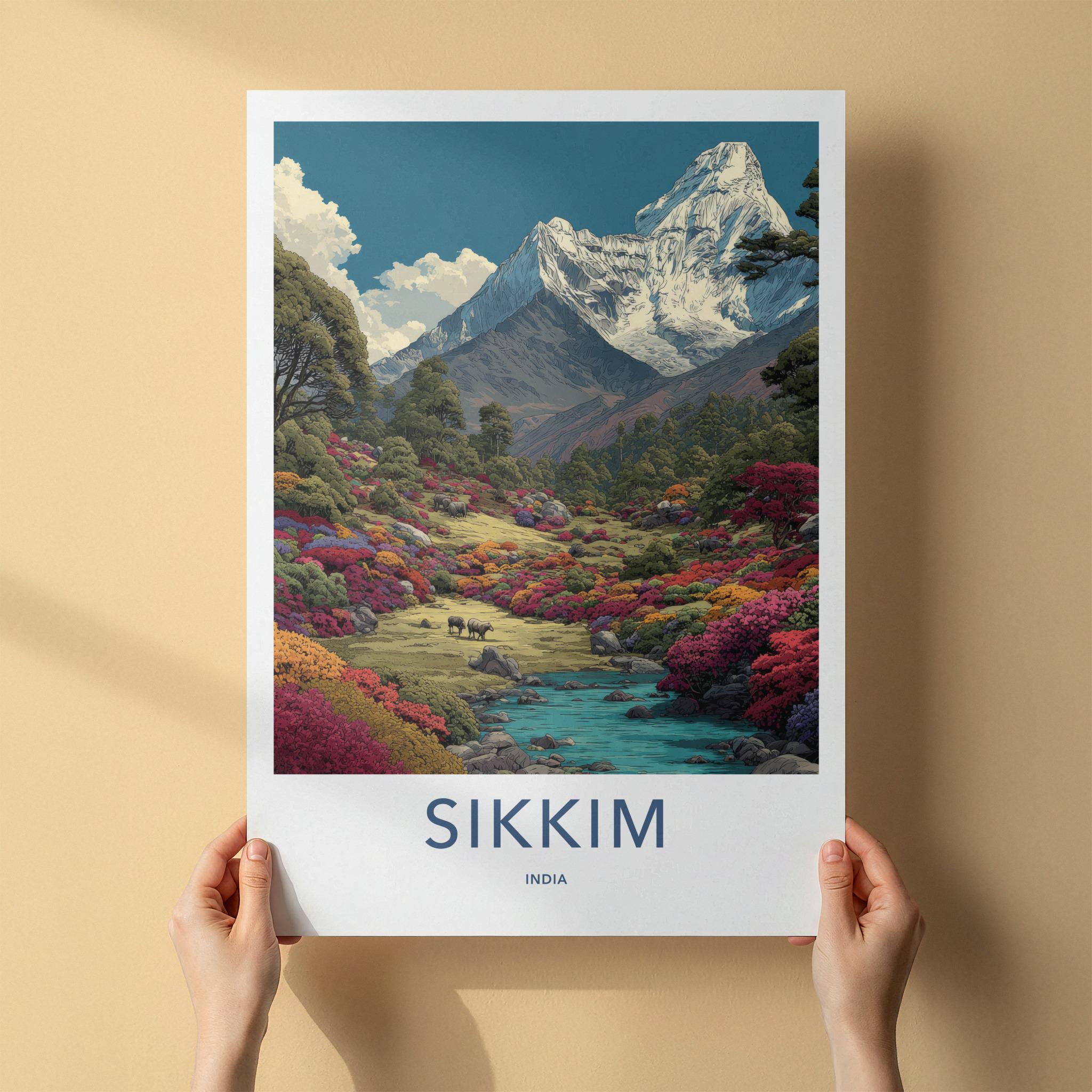 Sikkim Poster - India Travel Art - Sikkim Colorful Valley Animals Home Decor
