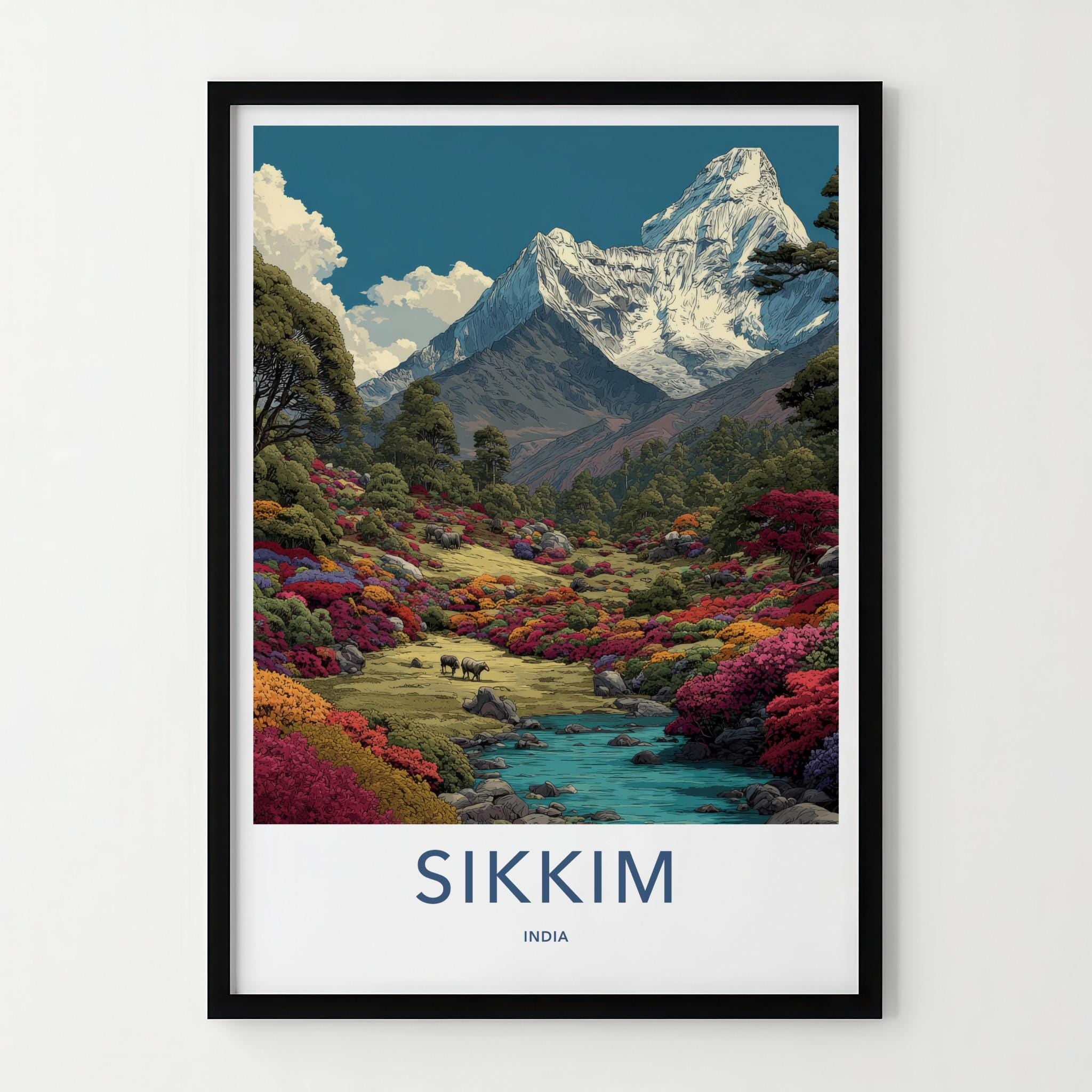 Sikkim Poster - India Travel Art - Sikkim Colorful Valley Animals Home Decor