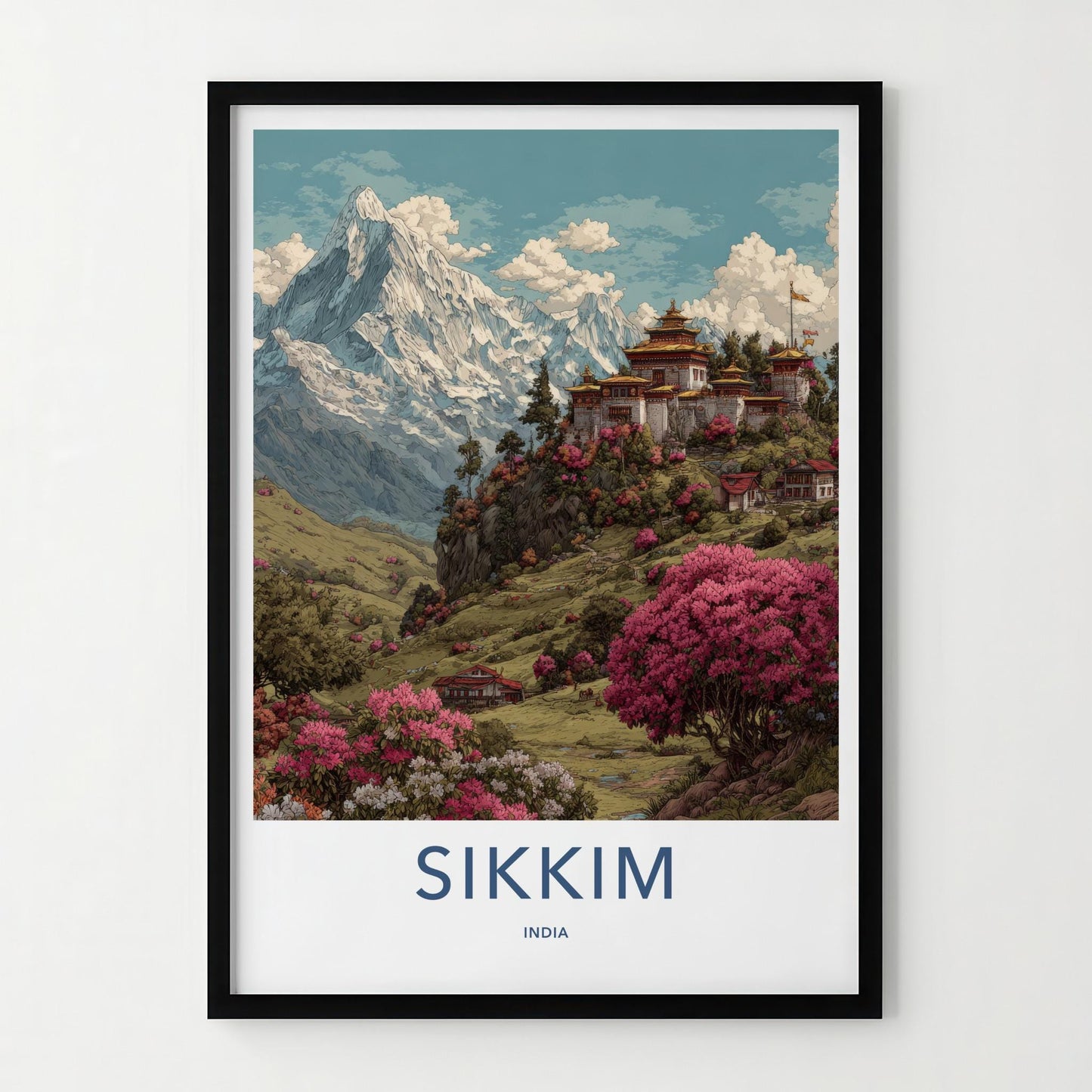 Sikkim Poster - India Travel Art - Sikkim Monastery Mountain Blossoms Home Decor