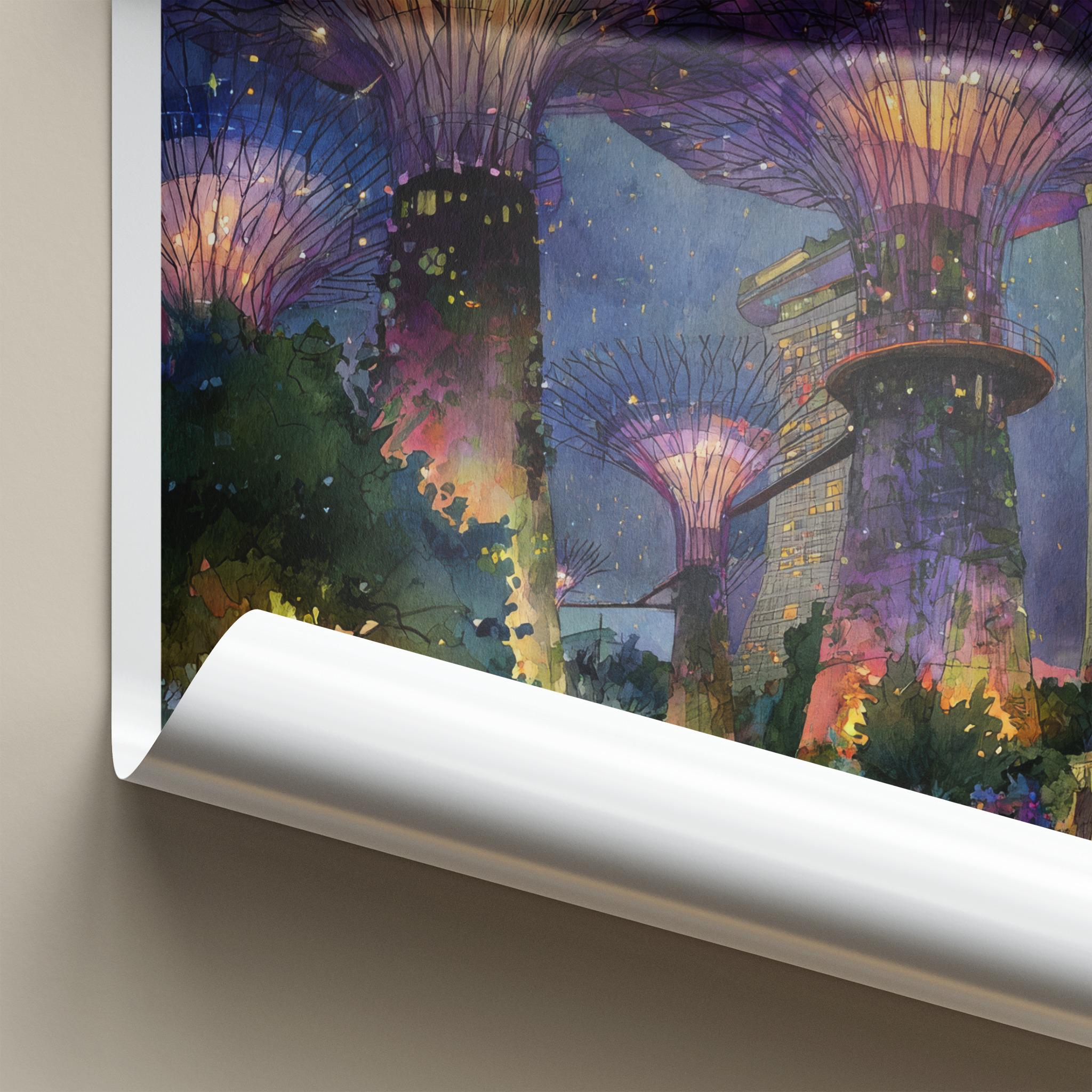 Singapore Poster - Singapore Travel Art - Supertrees Gardens Night Wall Decor