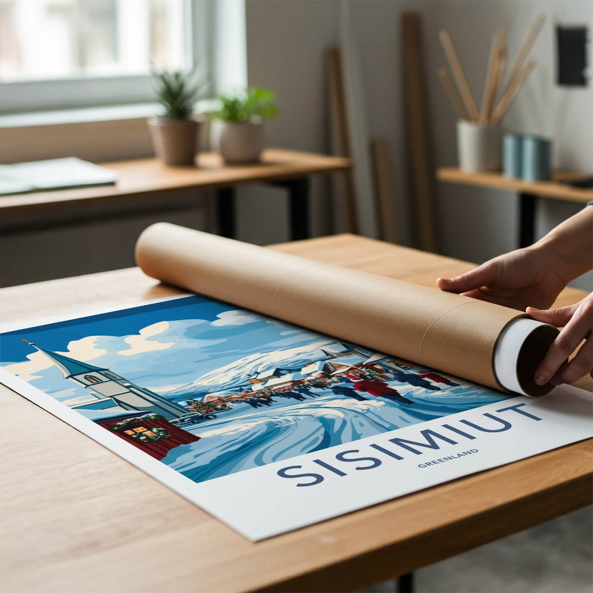 Sisimiut Poster - Greenland Travel Art - Festive Snowy Town Home Decor