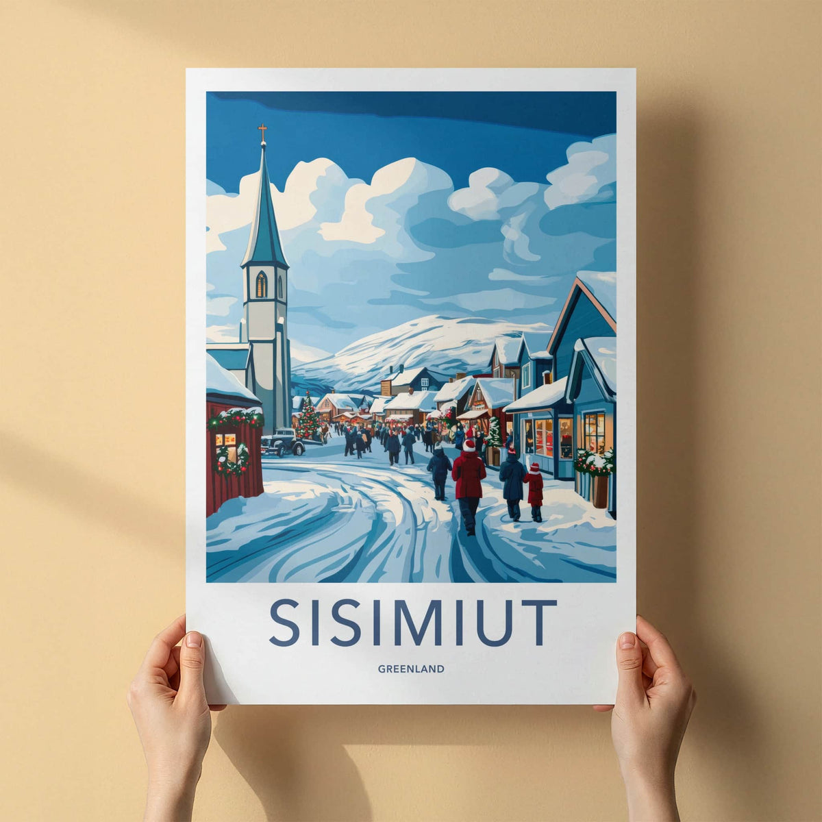 Sisimiut Poster - Greenland Travel Art - Festive Snowy Town Home Decor