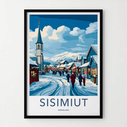 Sisimiut Poster - Greenland Travel Art - Festive Snowy Town Home Decor