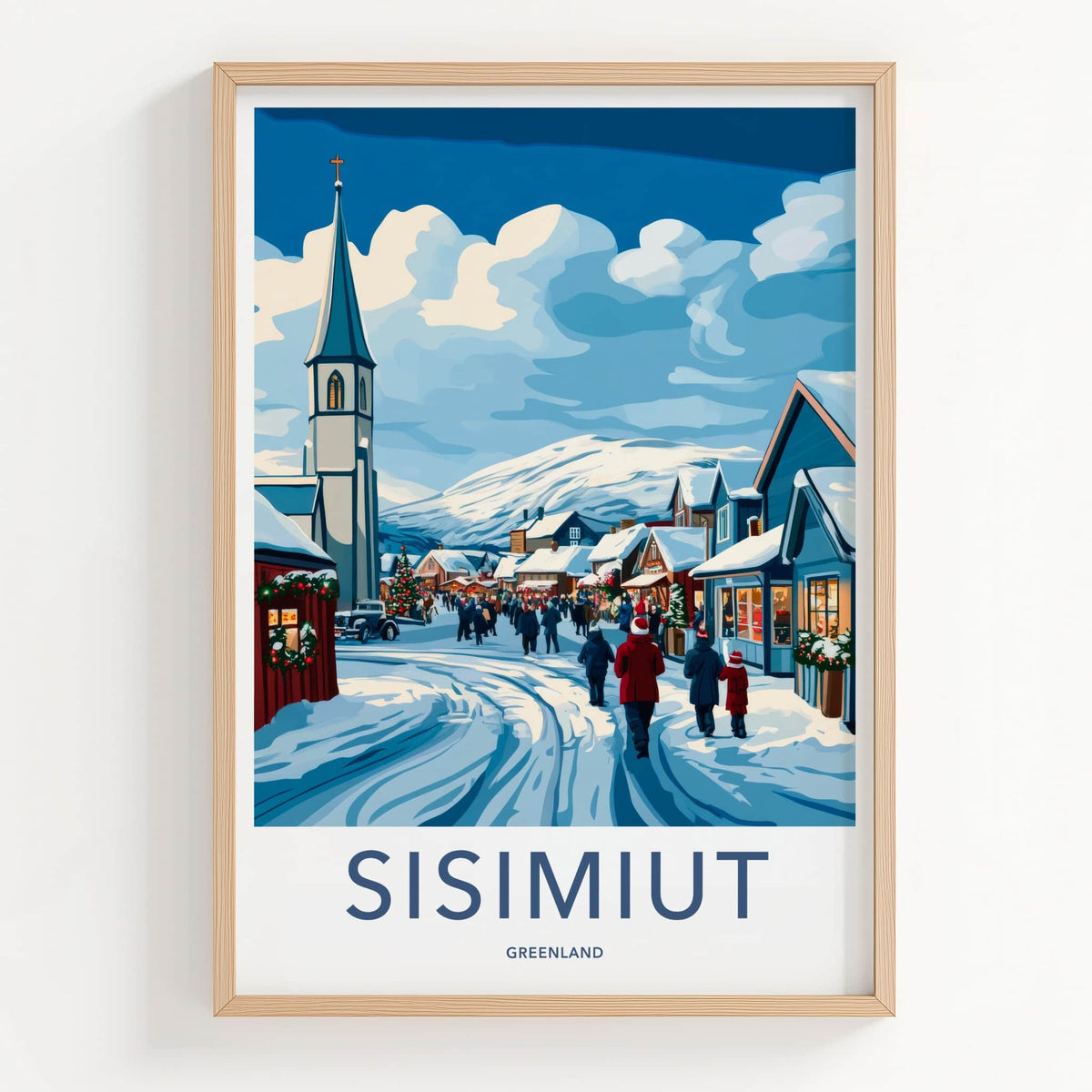 Sisimiut Poster - Greenland Travel Art - Festive Snowy Town Home Decor