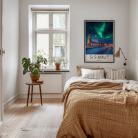 Sisimiut Poster - Greenland Travel Art - Northern Lights Snowy Night Home Decor
