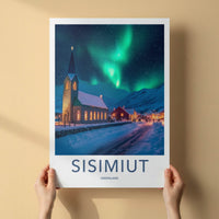 Sisimiut Poster - Greenland Travel Art - Northern Lights Snowy Night Home Decor