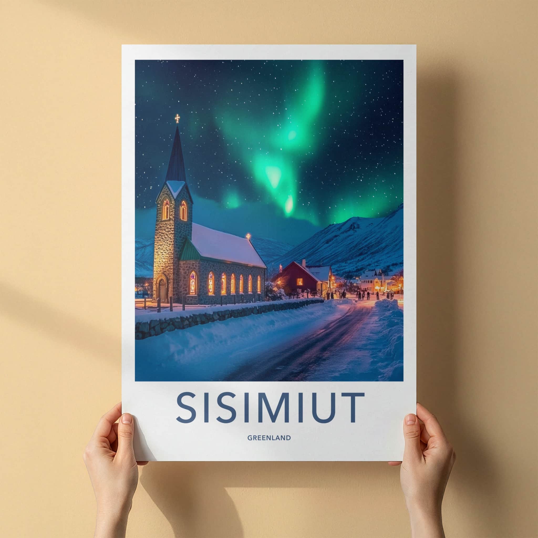 Sisimiut Poster - Greenland Travel Art - Northern Lights Snowy Night Home Decor