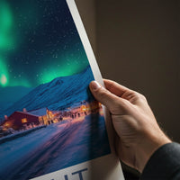 Sisimiut Poster - Greenland Travel Art - Northern Lights Snowy Night Home Decor