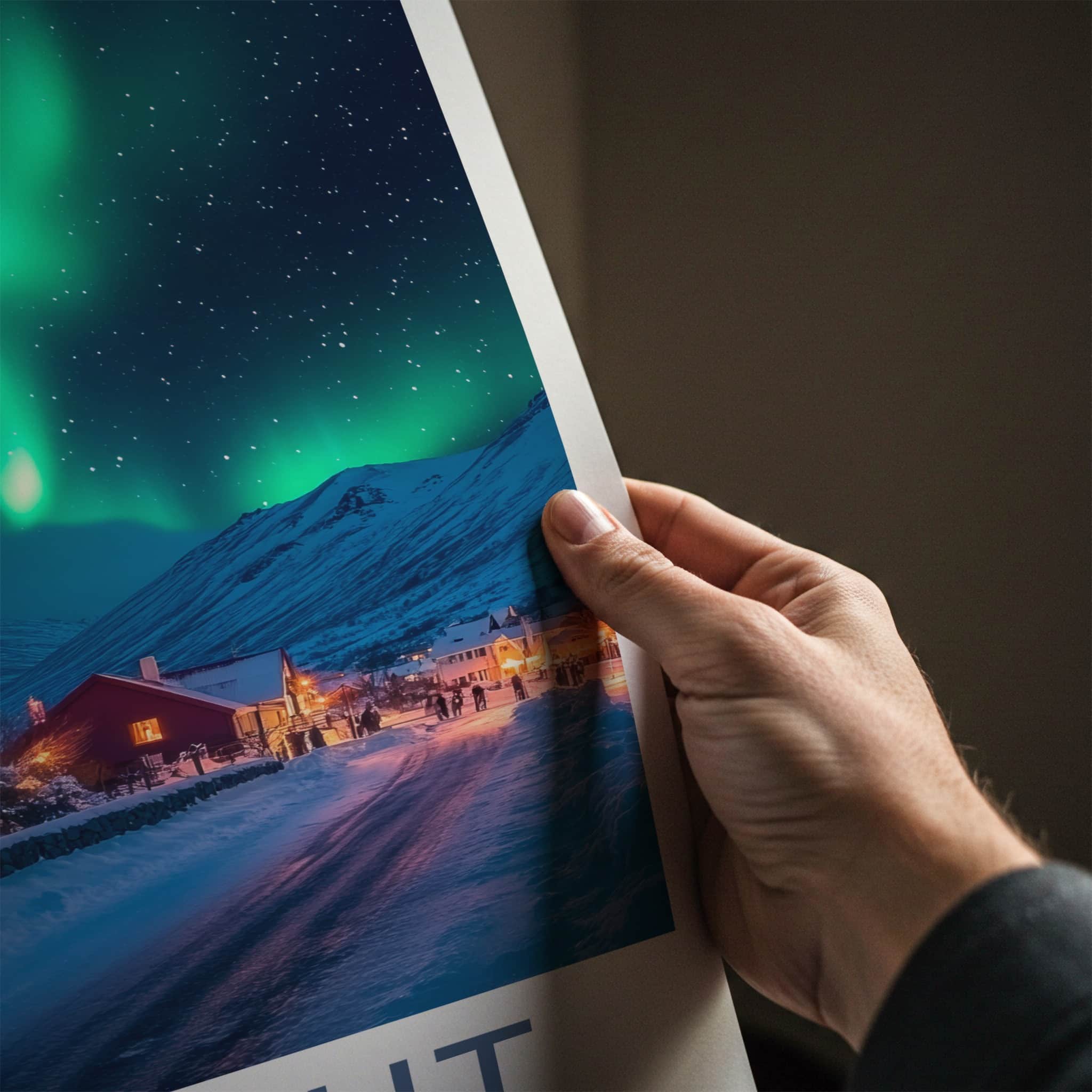 Sisimiut Poster - Greenland Travel Art - Northern Lights Snowy Night Home Decor
