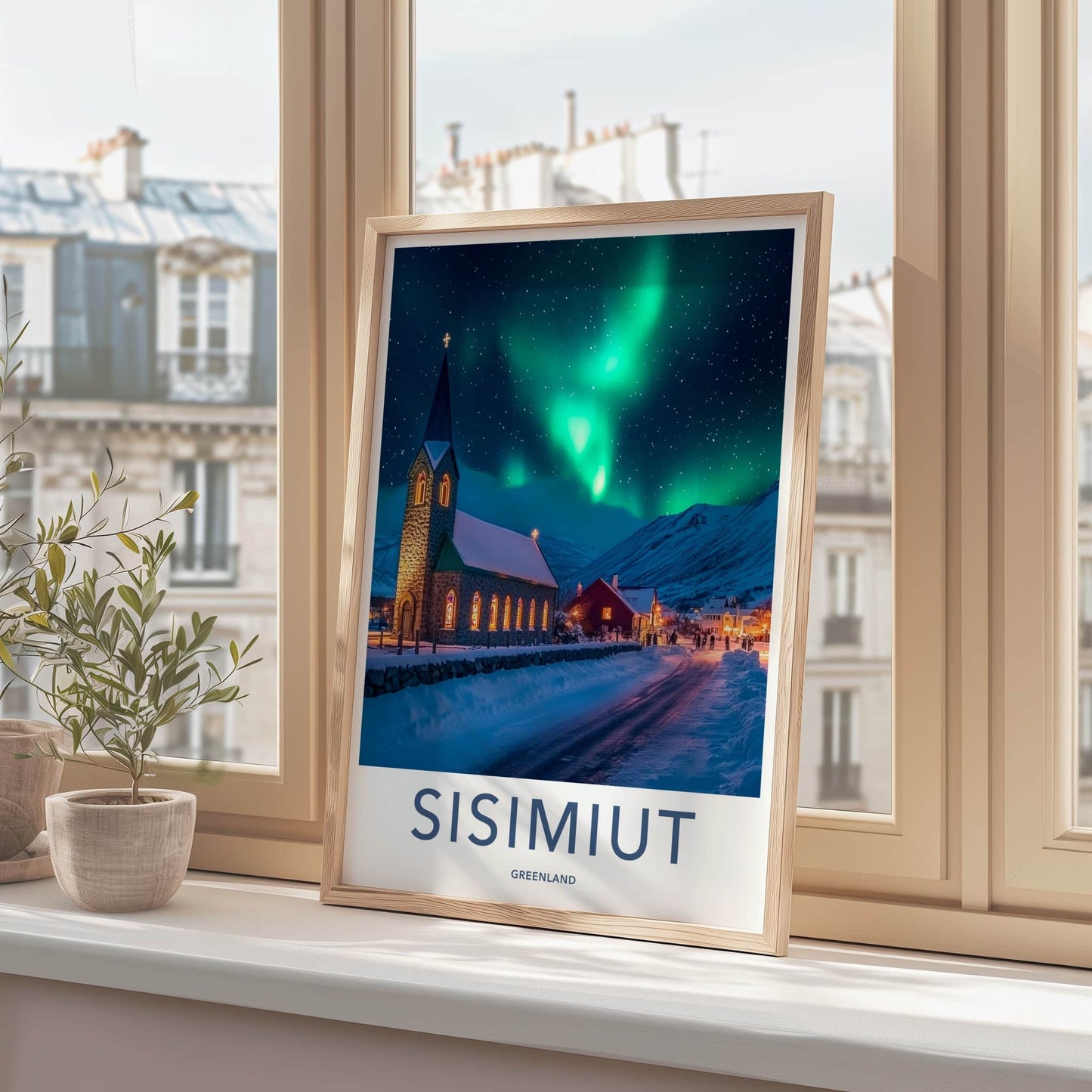 Sisimiut Poster - Greenland Travel Art - Northern Lights Snowy Night Home Decor