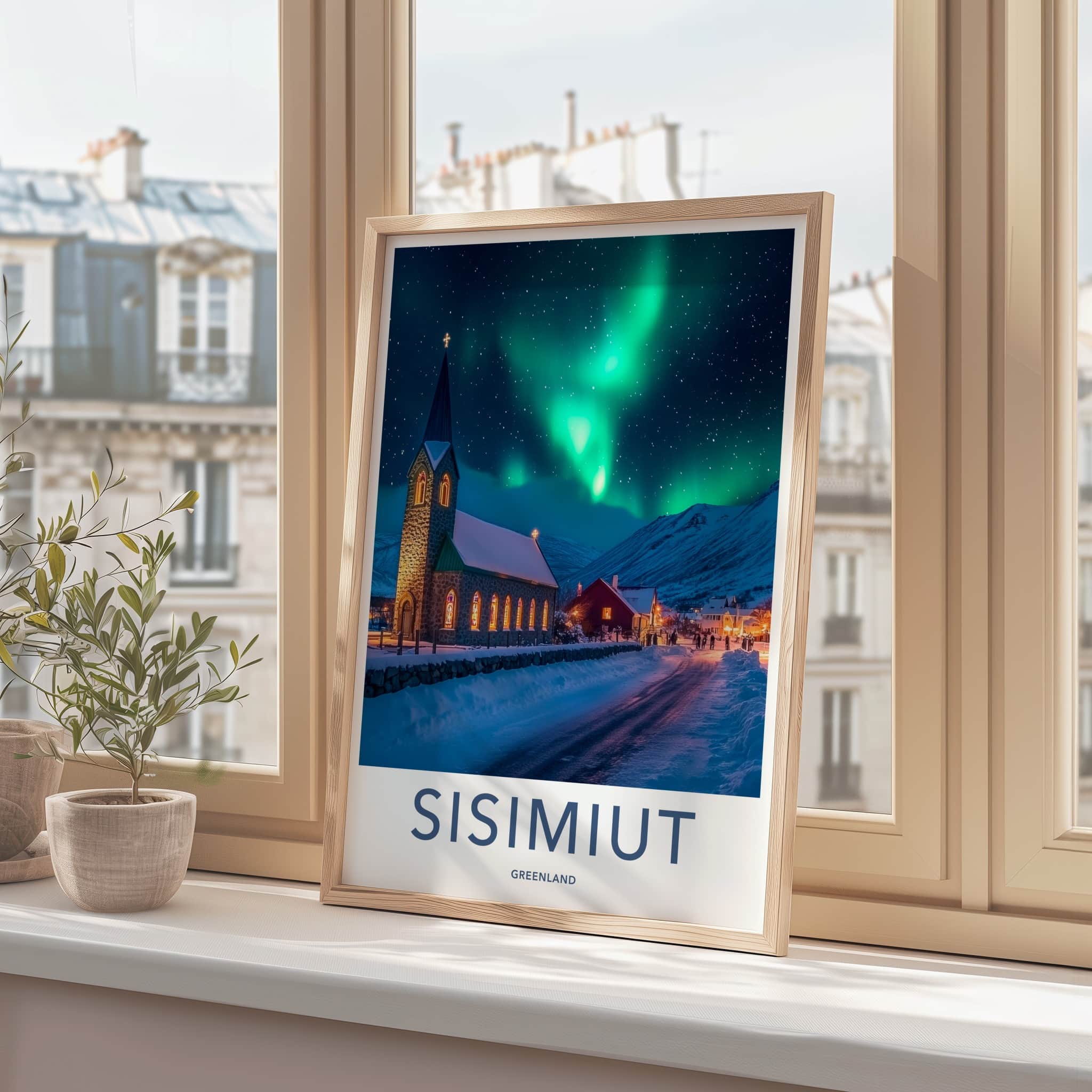 Sisimiut Poster - Greenland Travel Art - Northern Lights Snowy Night Home Decor