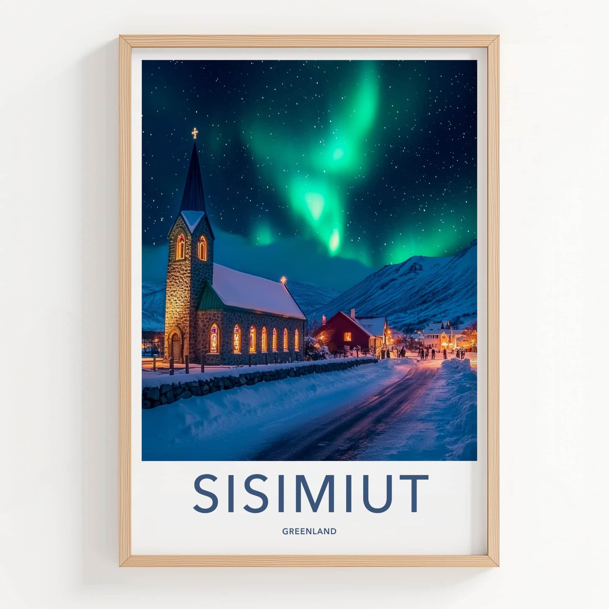 Sisimiut Poster - Greenland Travel Art - Northern Lights Snowy Night Home Decor
