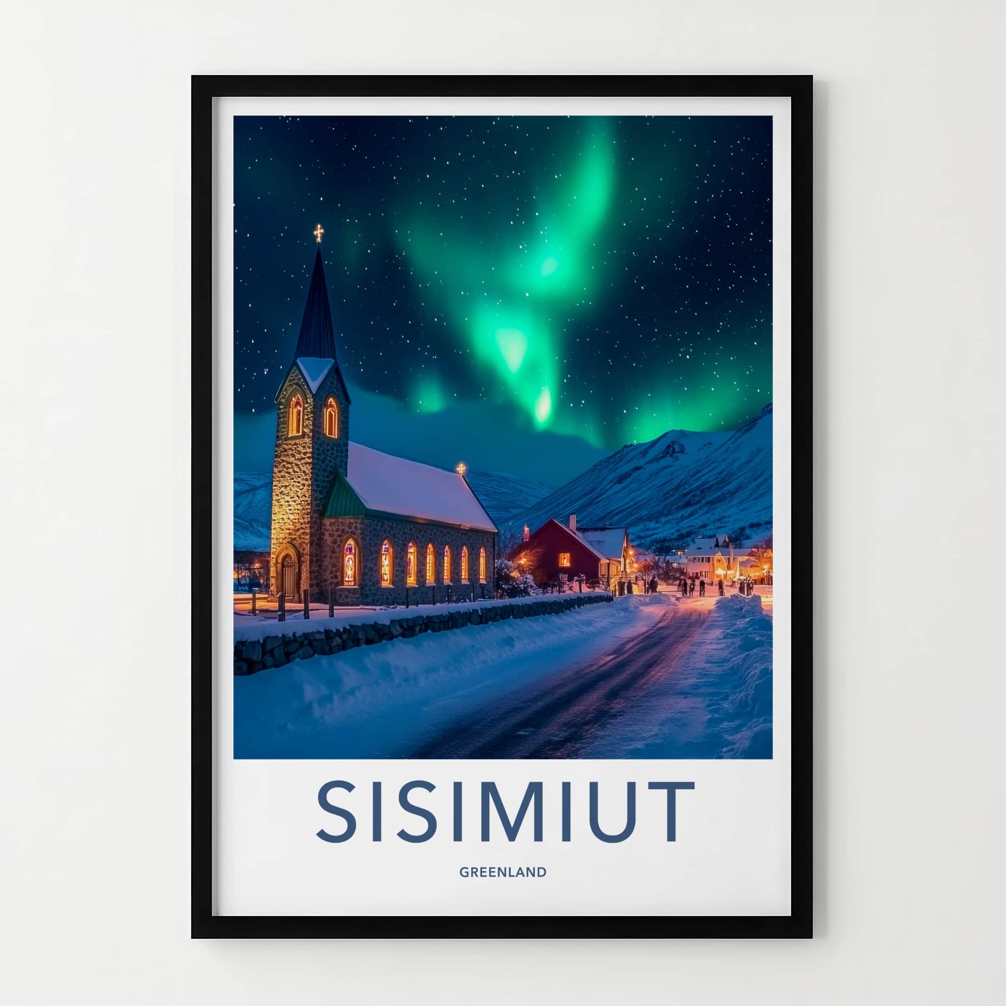 Sisimiut Poster - Greenland Travel Art - Northern Lights Snowy Night Home Decor