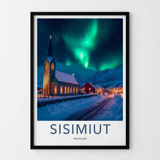Sisimiut Poster - Greenland Travel Art - Northern Lights Snowy Night Home Decor