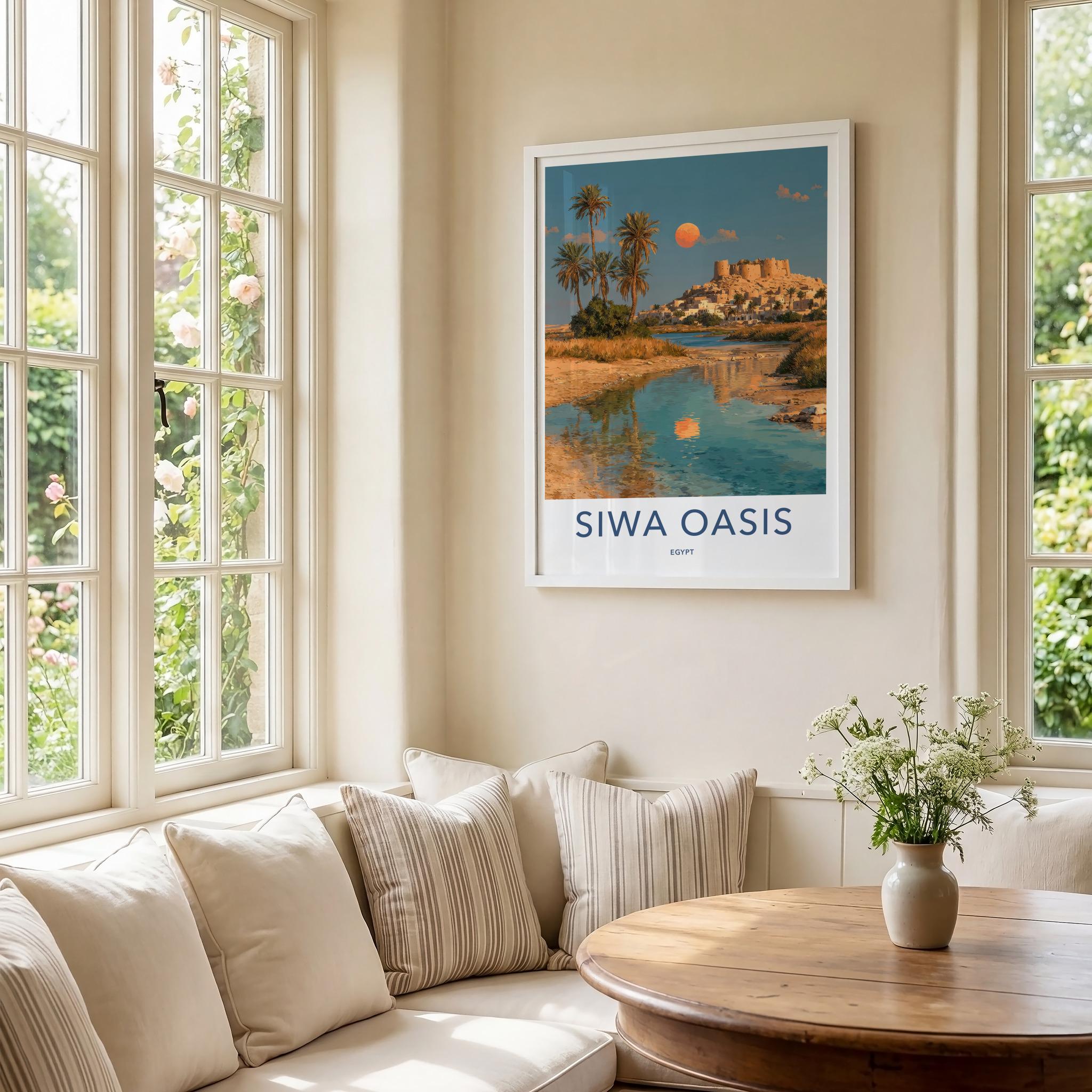 Siwa Oasis Poster - Egypt Travel Art - Palm Moon Reflection Home Decor