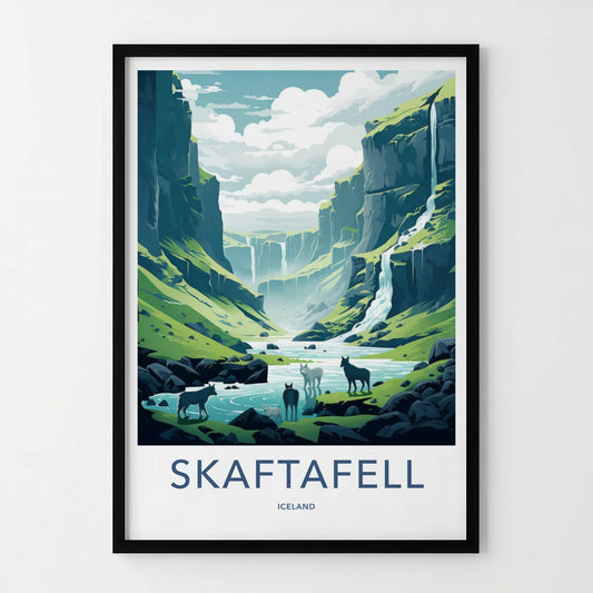 Skaftafell Poster - Iceland Travel Art - Green Valley Waterfalls Lounge Decor