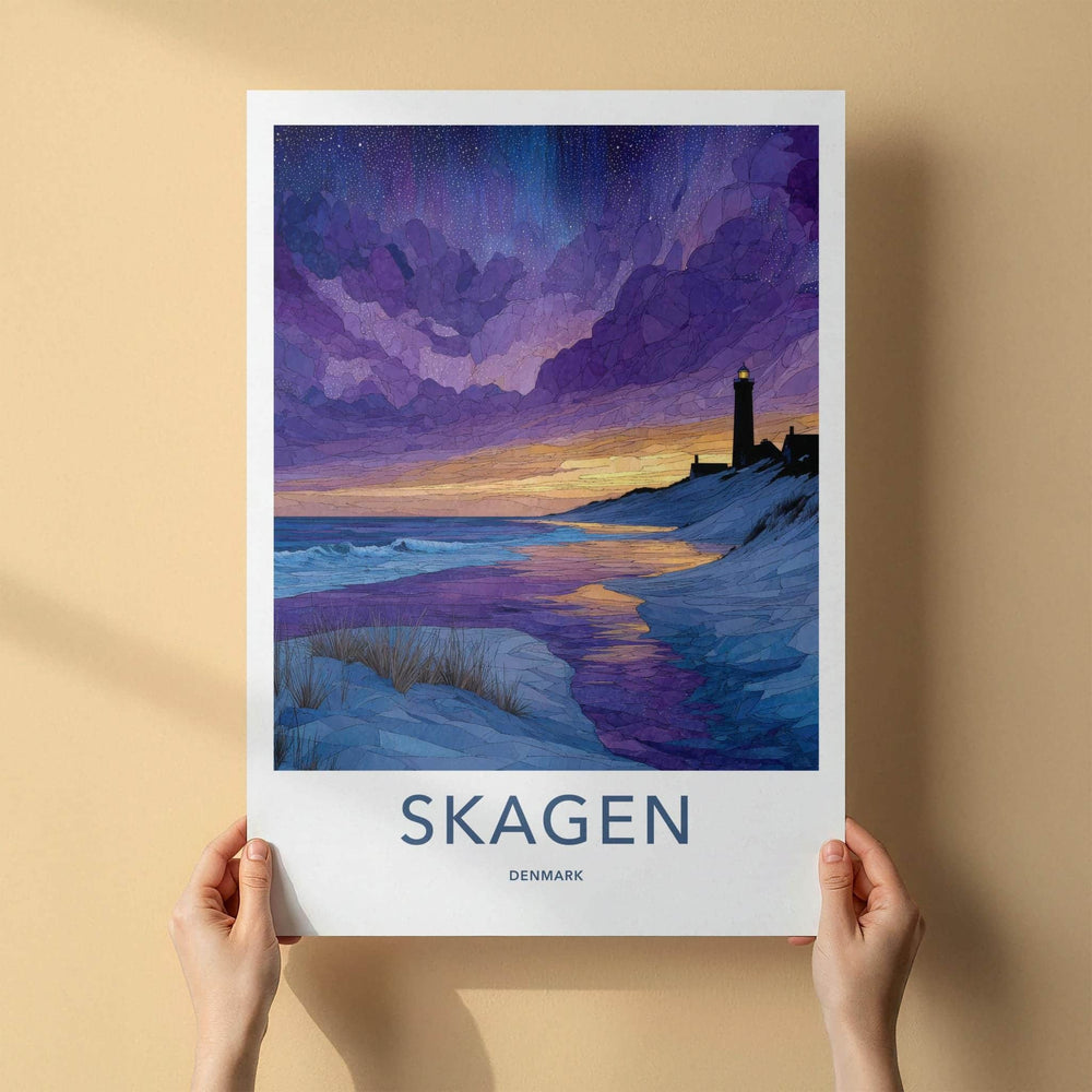 Skagen Poster - Denmark Travel Art - Lighthouse Beach Sunset Home Decor