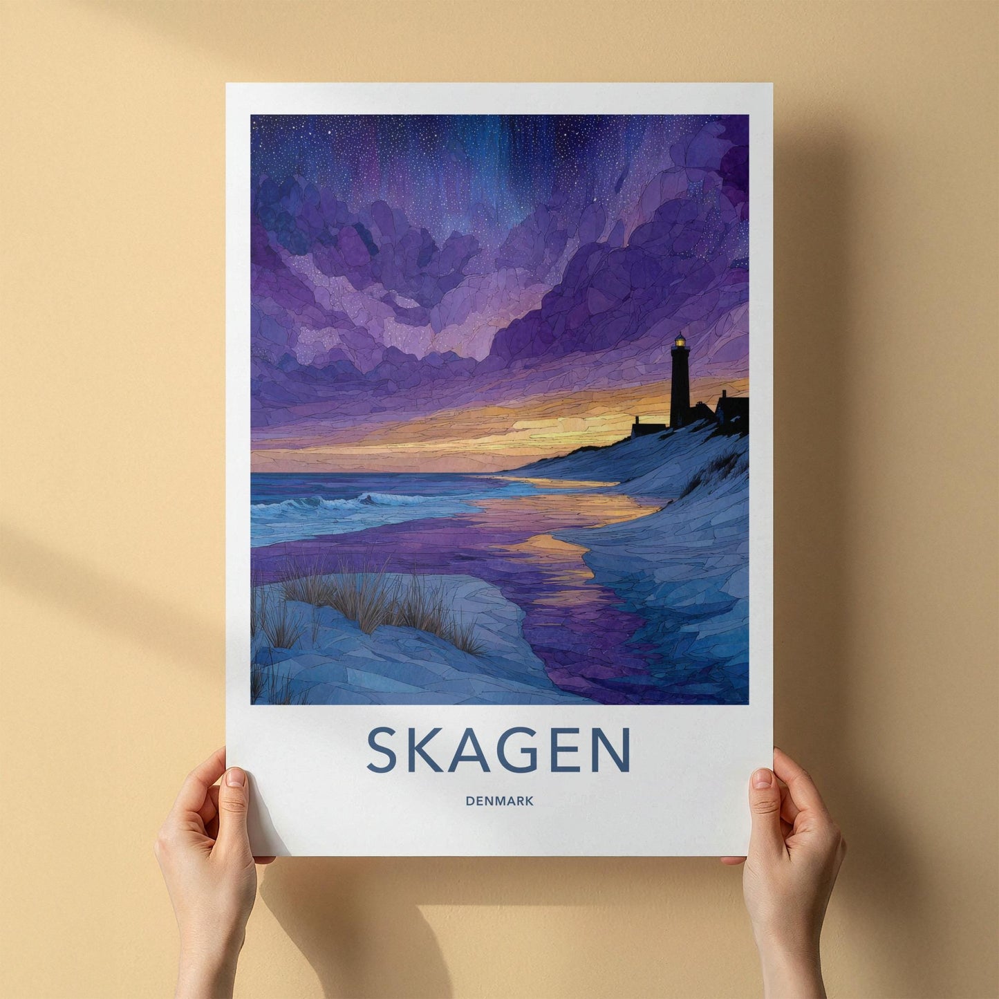 Skagen Poster - Denmark Travel Art - Lighthouse Beach Sunset Home Decor