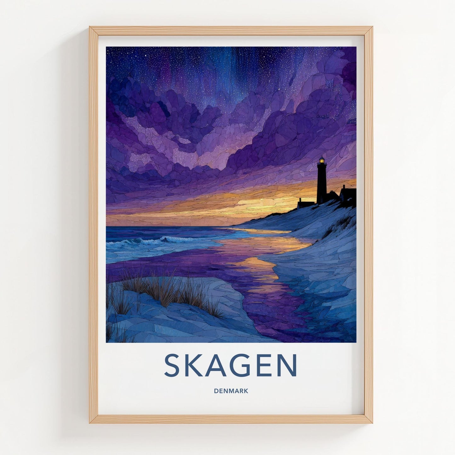Skagen Poster - Denmark Travel Art - Lighthouse Beach Sunset Home Decor