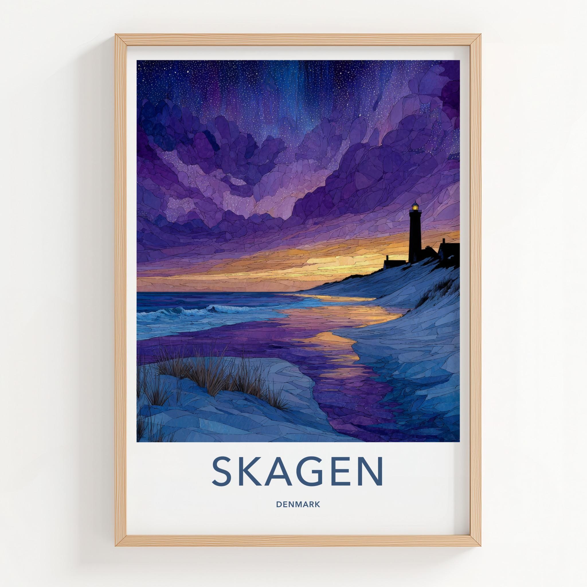Skagen Poster - Denmark Travel Art - Lighthouse Beach Sunset Home Decor