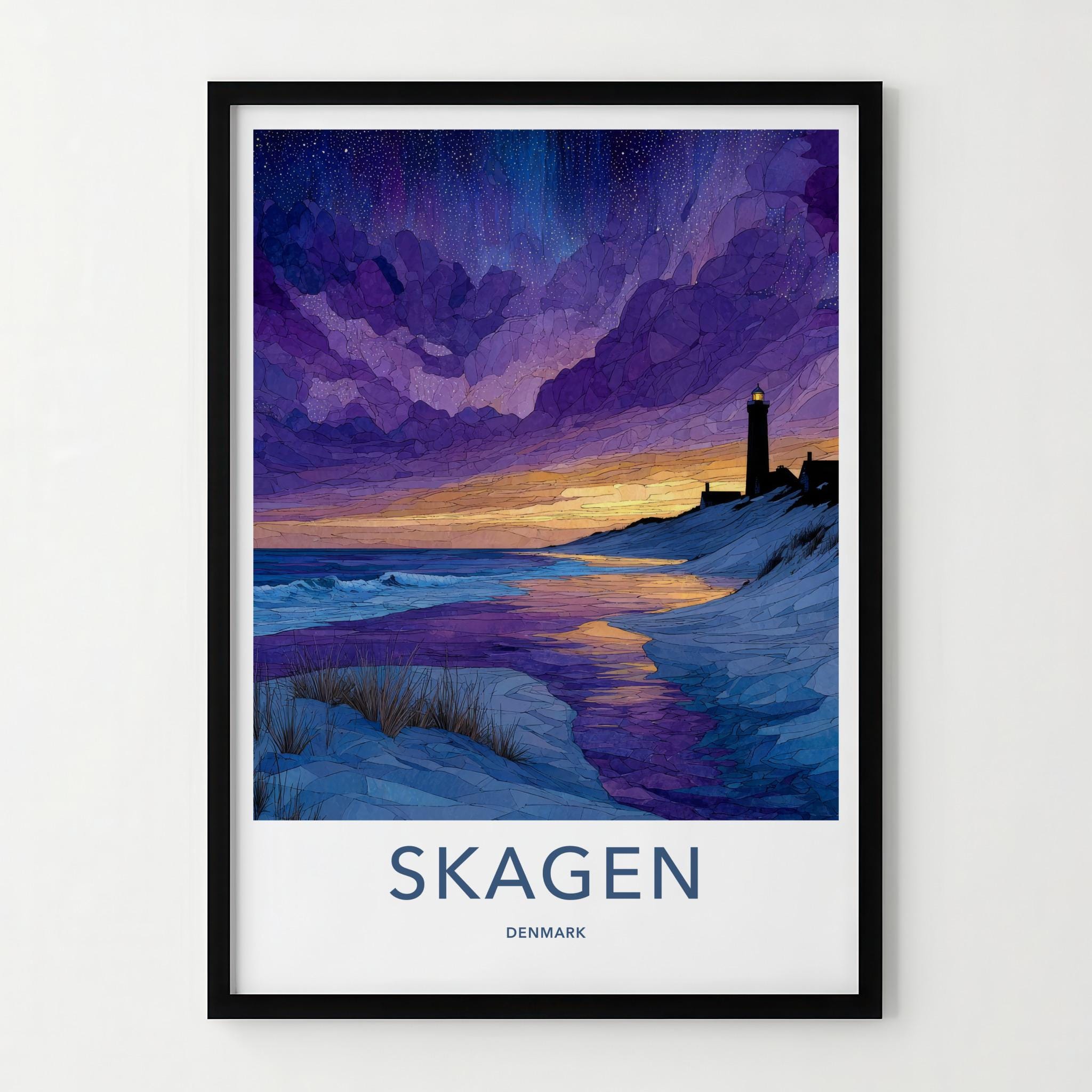 Skagen Poster - Denmark Travel Art - Lighthouse Beach Sunset Home Decor