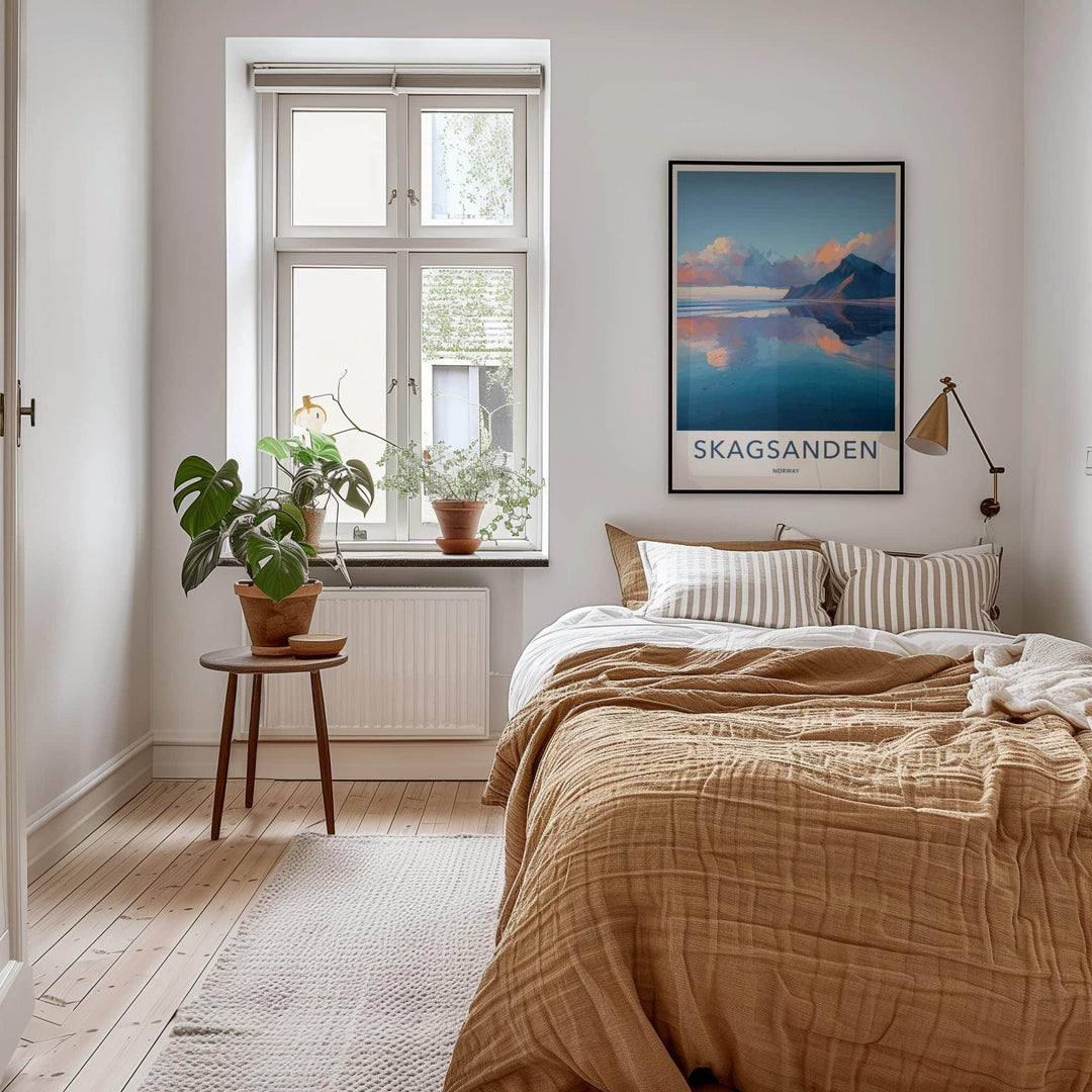 Skagsanden Poster - Norway Travel Art - Mountain Water Reflection Wall Decor