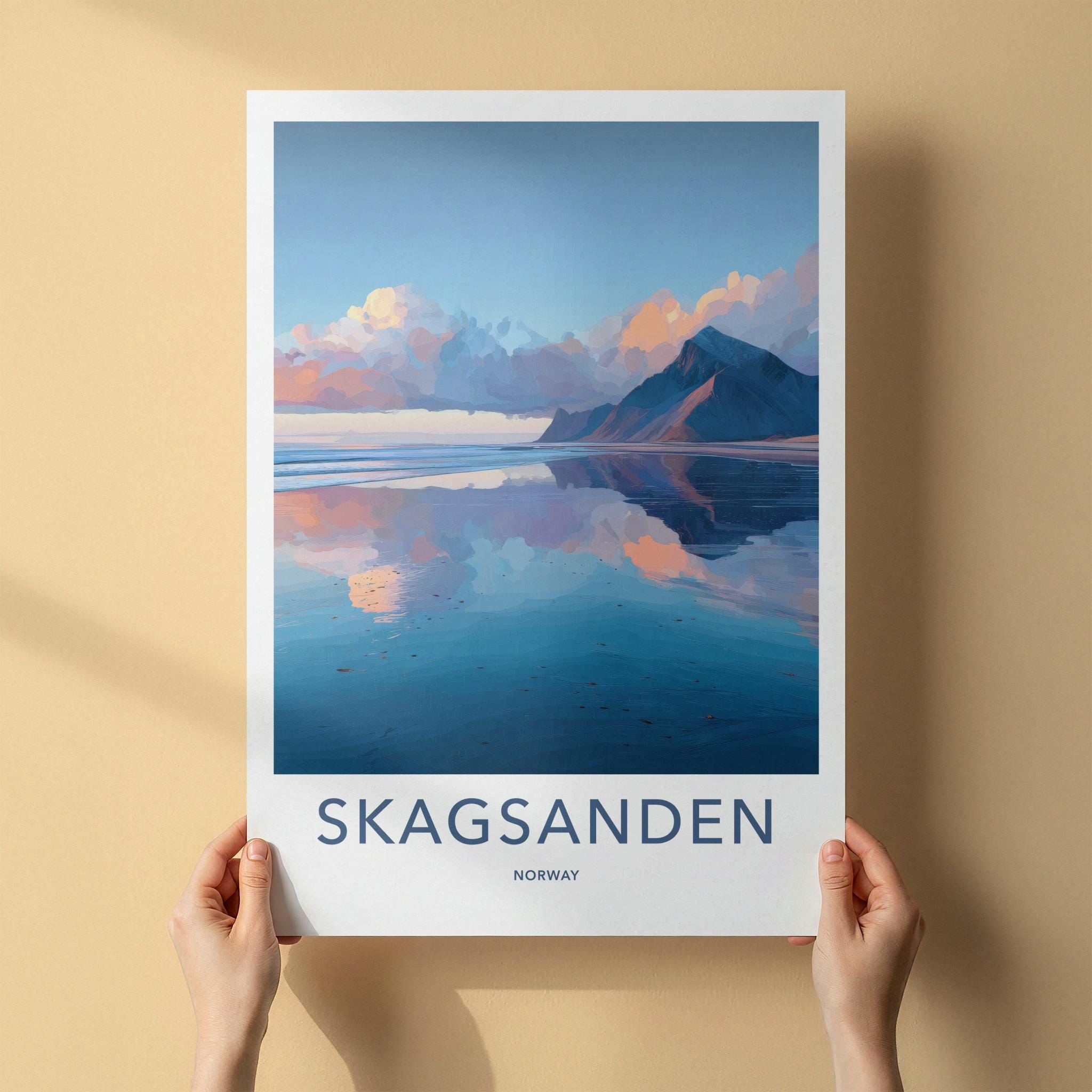 Skagsanden Poster - Norway Travel Art - Mountain Water Reflection Wall Decor