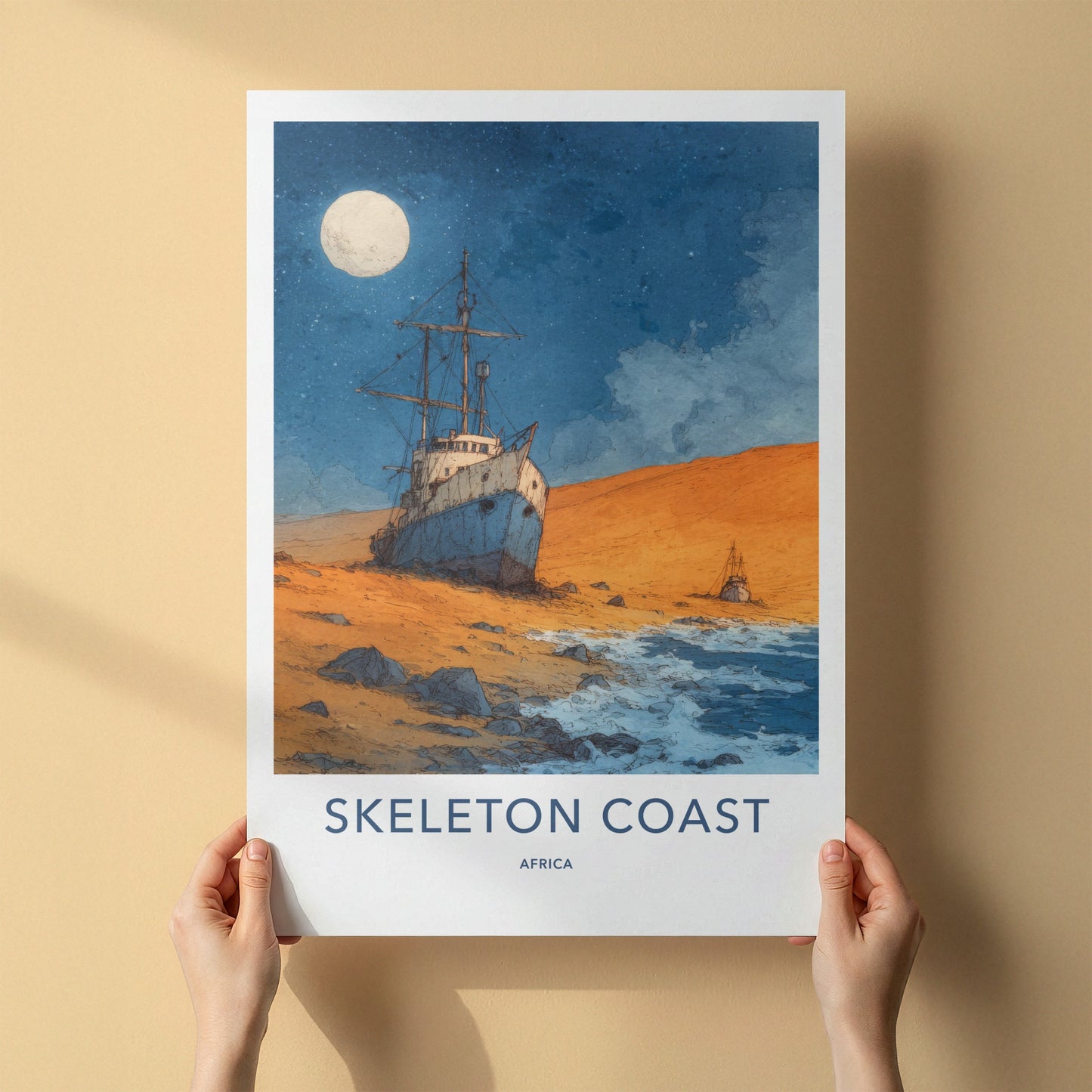 Skeleton Coast Poster - Africa Travel Print - Full Moon Shipwreck Gallery Art