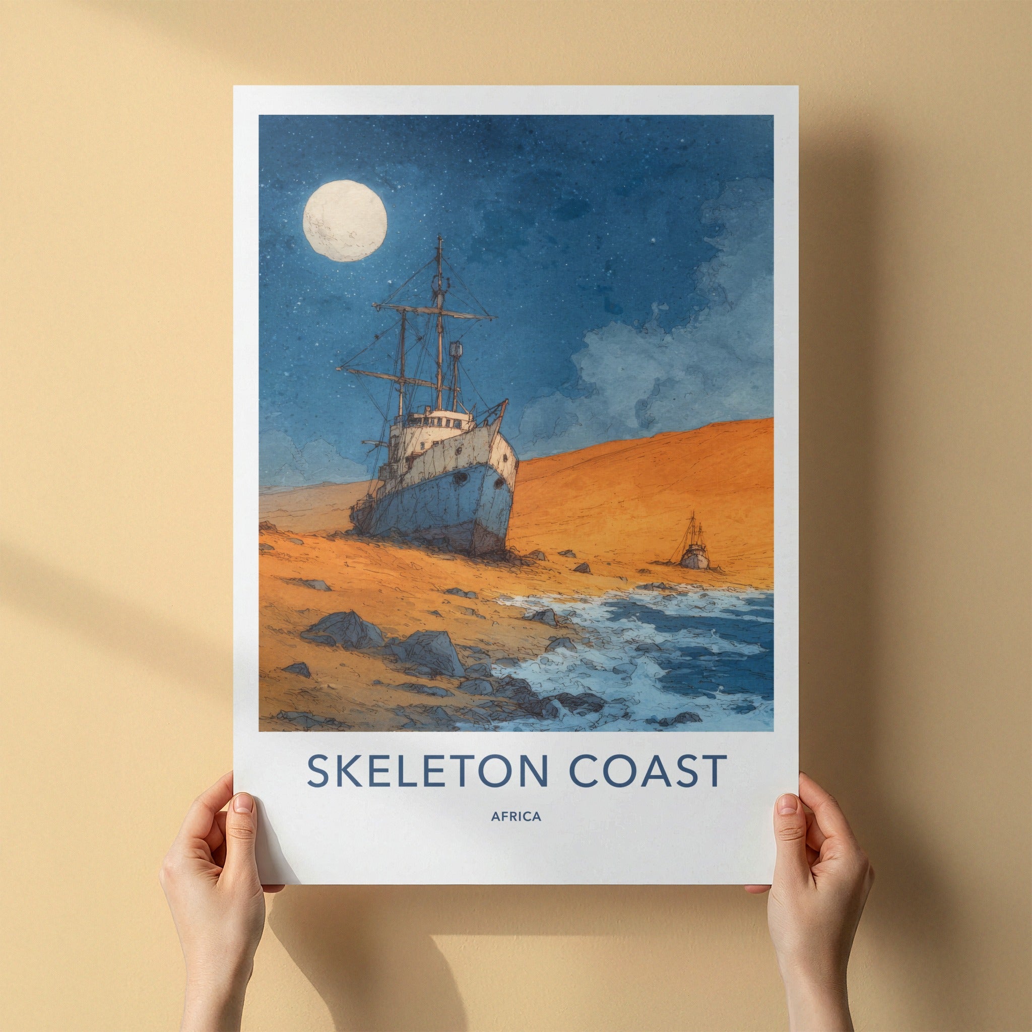 Skeleton Coast Poster - Africa Travel Print - Full Moon Shipwreck Gallery Art