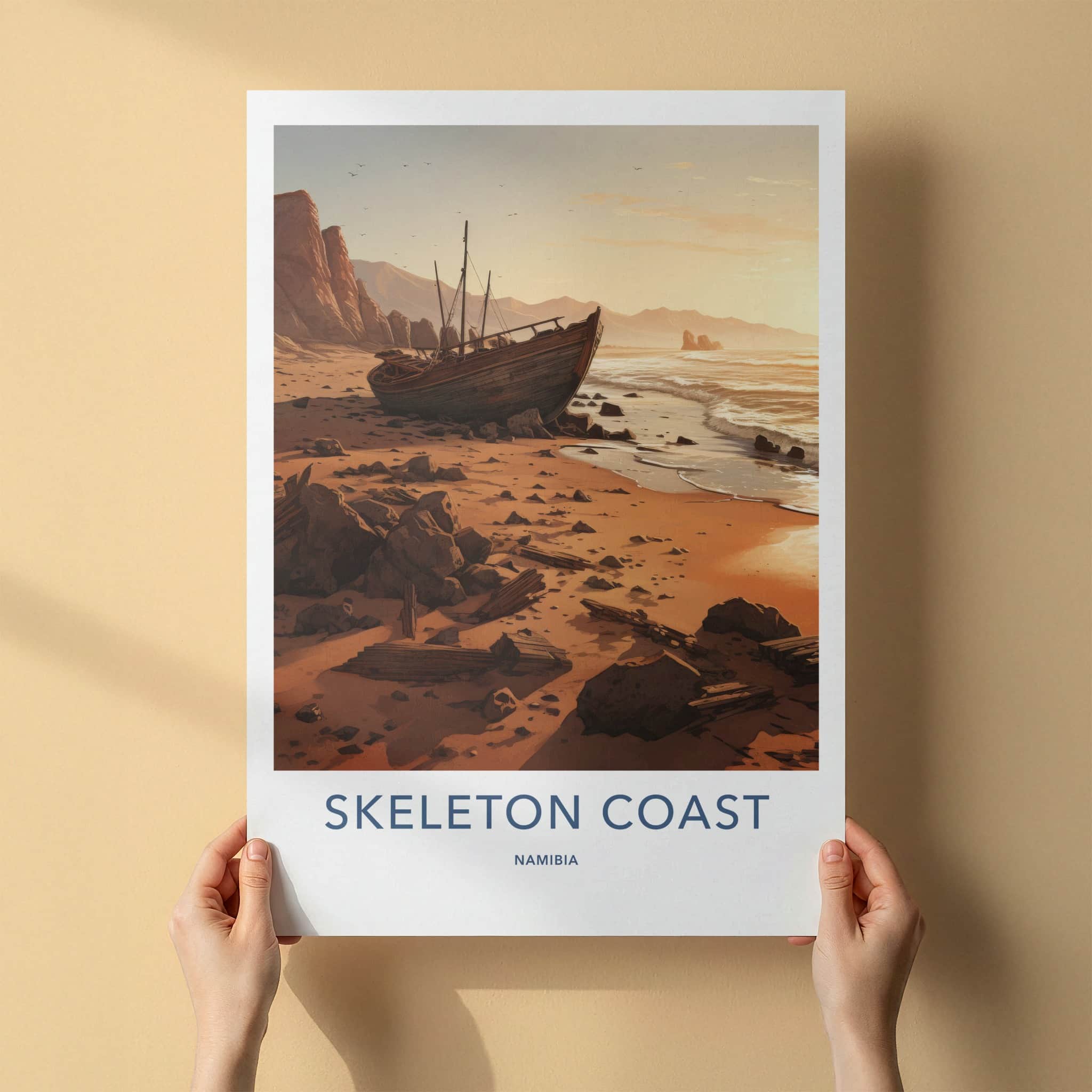 Skeleton Coast Poster - Namibia Travel Art - Beached Boat Rocks Home Decor