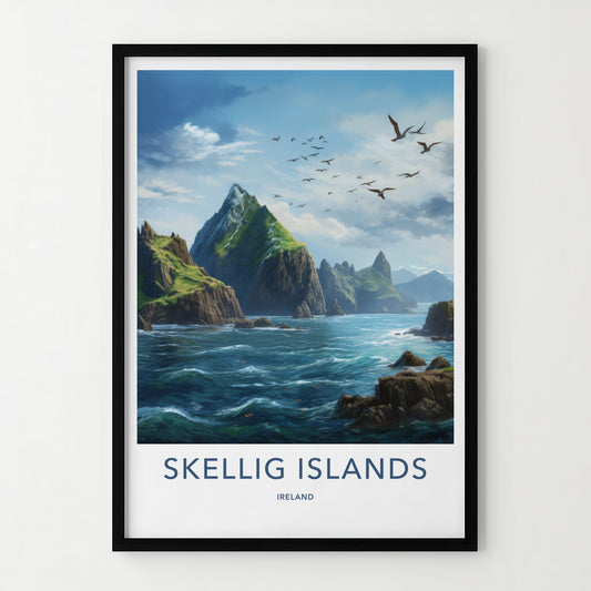 Skellig Islands Poster - Ireland Travel Art - Wild Ocean Birds Home Decor