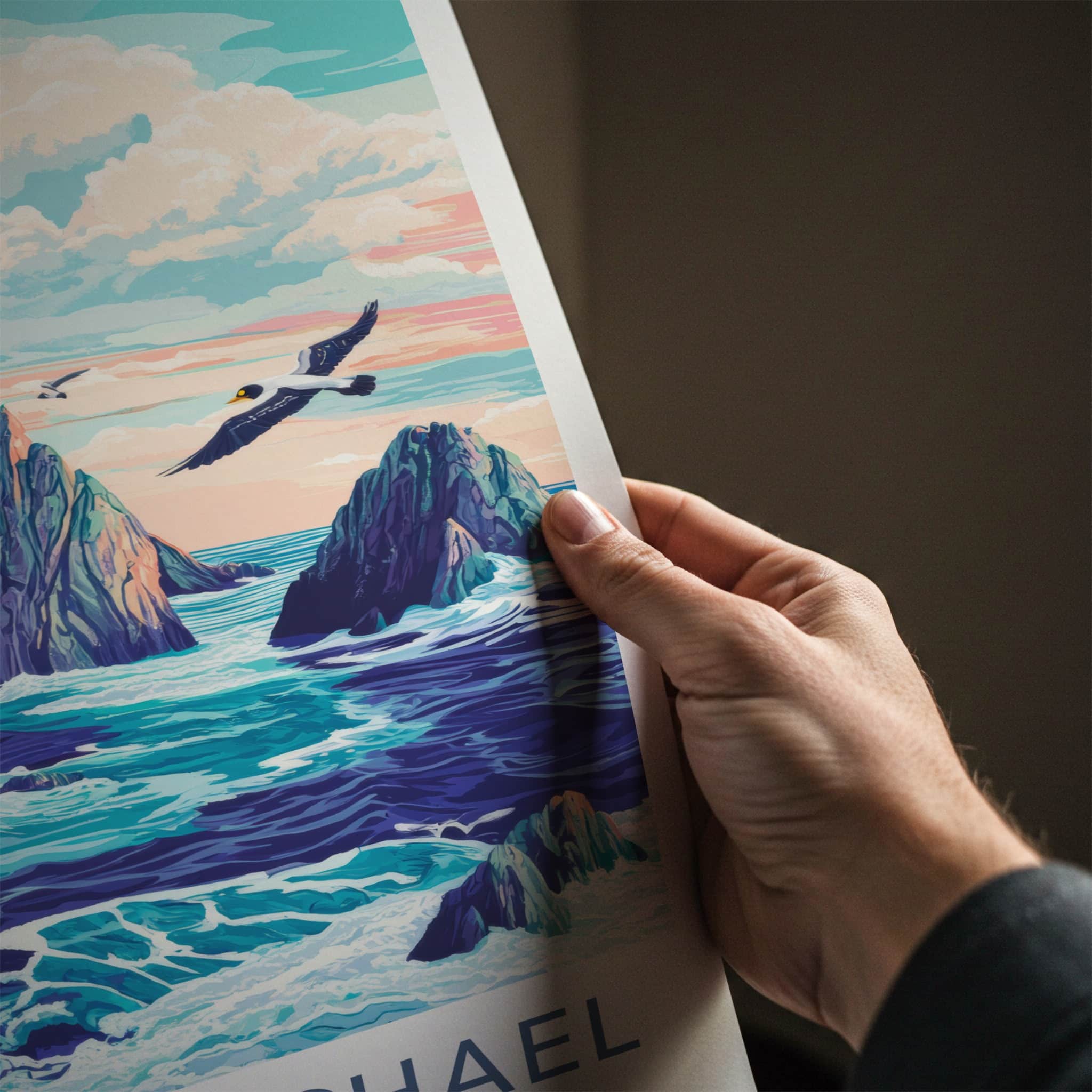 Skellig Michael Poster - Ireland Travel Art - Jagged Cliffs Ocean Home Decor