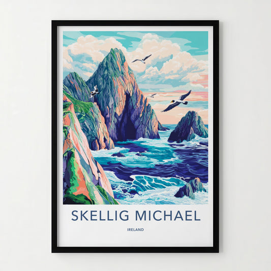 Skellig Michael Poster - Ireland Travel Art - Jagged Cliffs Ocean Home Decor