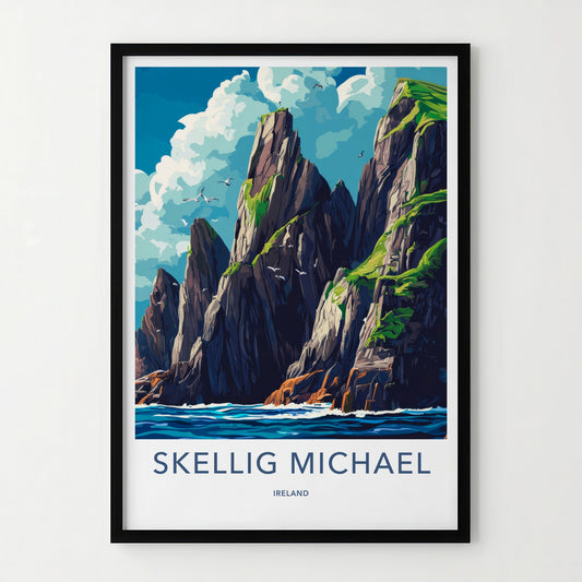 Skellig Michael Poster - Ireland Travel Art - Oceanic Cliff Birds Wall Decor