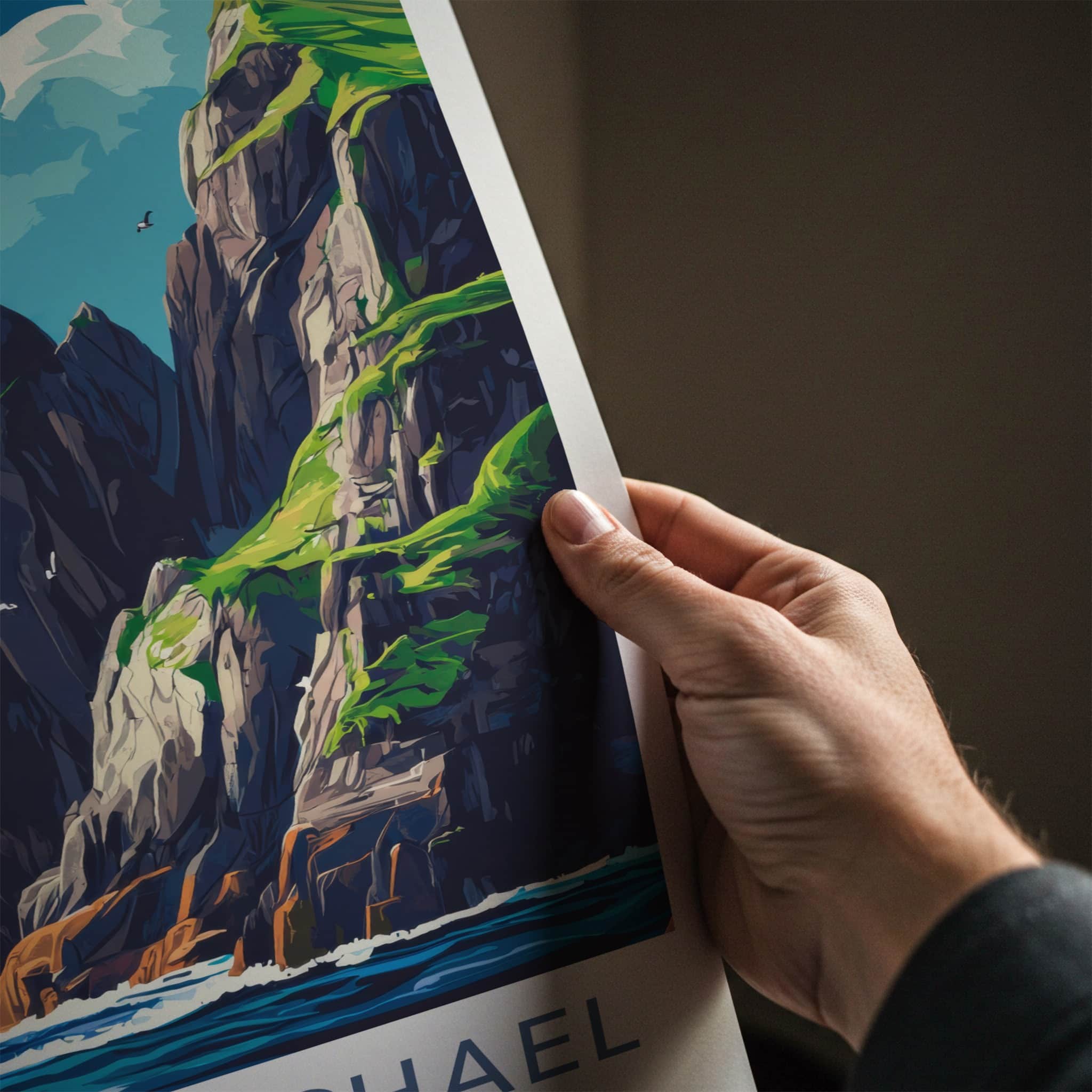 Skellig Michael Poster - Ireland Travel Art - Oceanic Cliff Birds Wall Decor