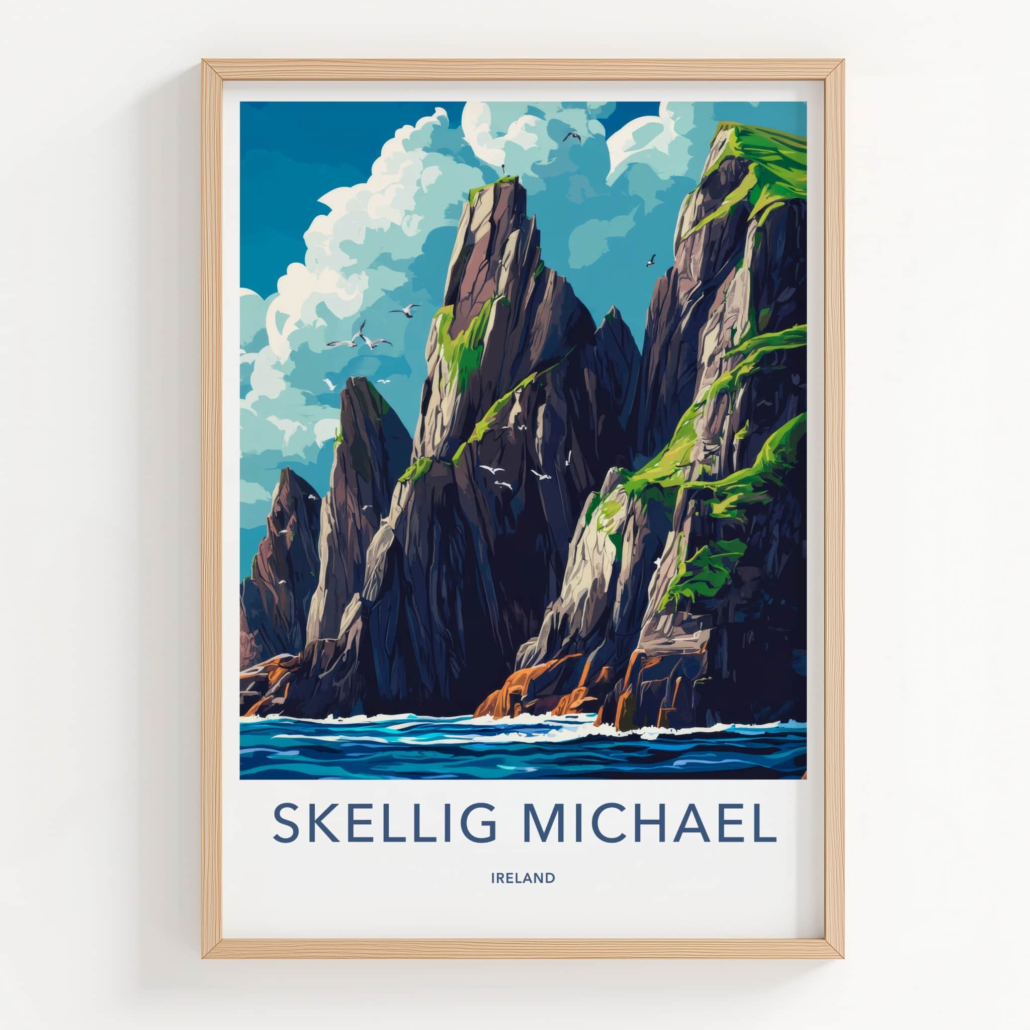 Skellig Michael Poster - Ireland Travel Art - Oceanic Cliff Birds Wall Decor