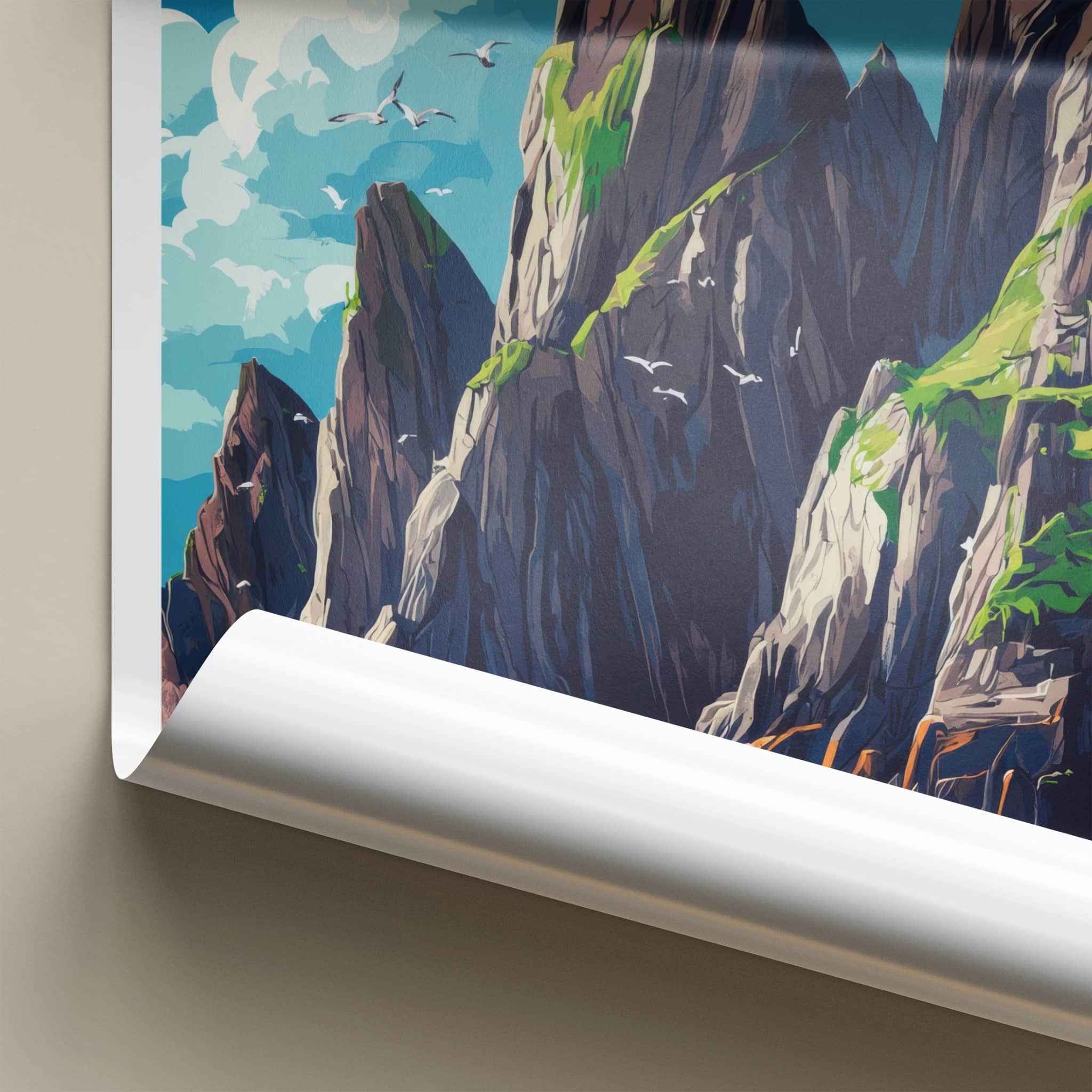Skellig Michael Poster - Ireland Travel Art - Oceanic Cliff Birds Wall Decor