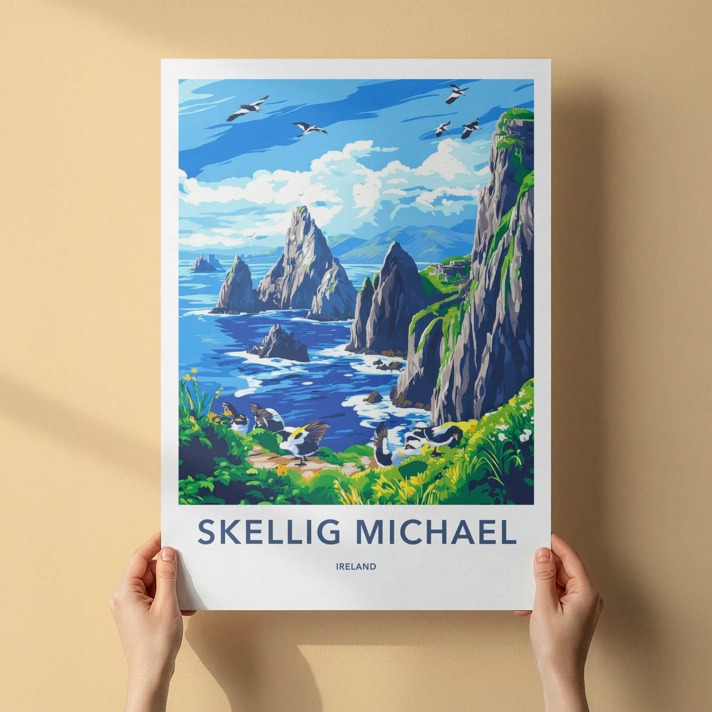 Skellig Michael Poster - Ireland Travel Art - Rugged Island Birds Home Decor