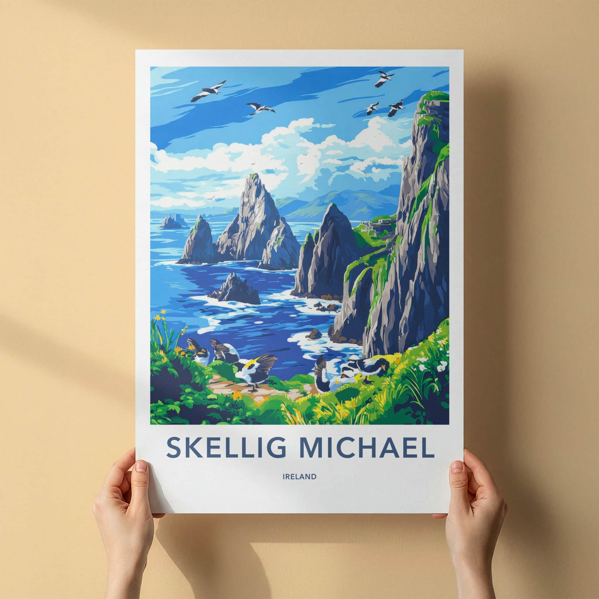 Skellig Michael Poster - Ireland Travel Art - Rugged Island Birds Home Decor