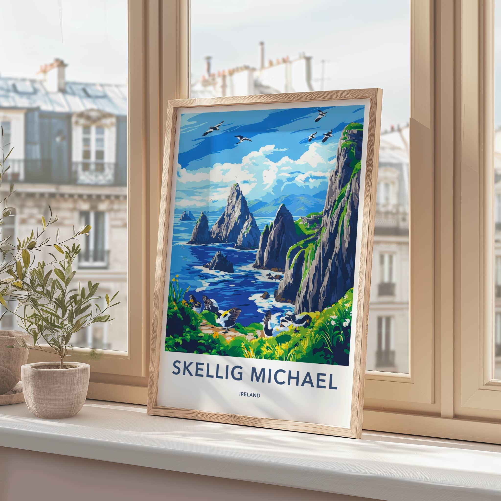 Skellig Michael Poster - Ireland Travel Art - Rugged Island Birds Home Decor