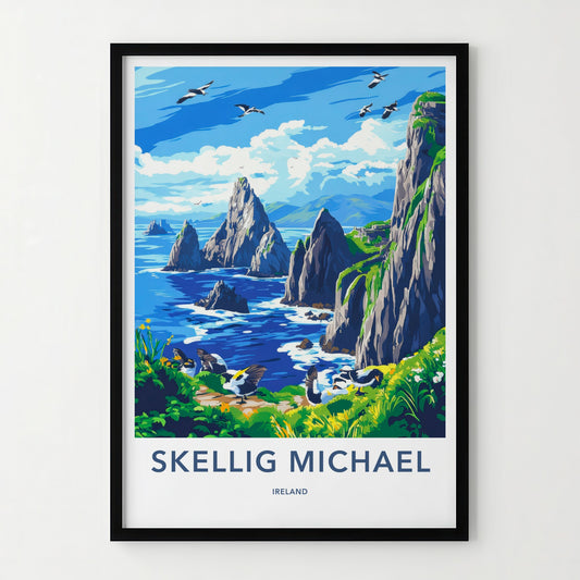 Skellig Michael Poster - Ireland Travel Art - Rugged Island Birds Home Decor