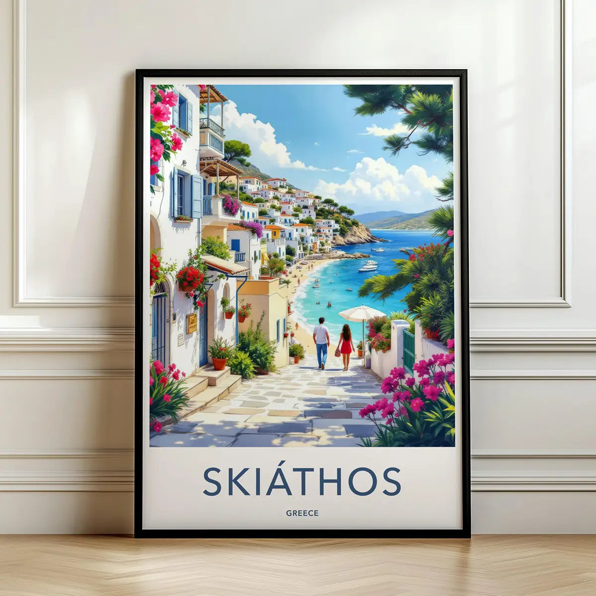 Framed artwork of Skiathos, Greece with a couple walking along a scenic street along the coast.