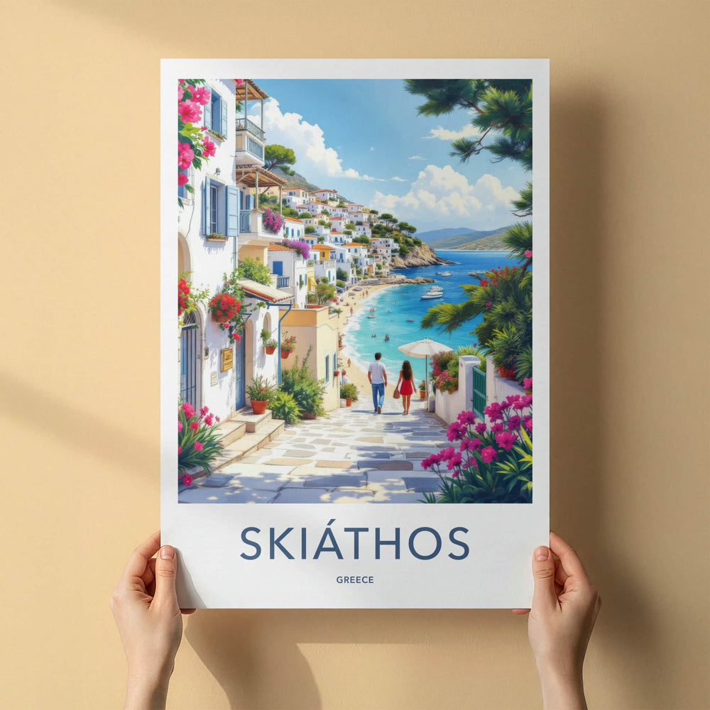 Skiathos Poster - Greece Travel Art - Couple Beachside Mediterranean Home Decor