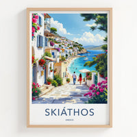Skiathos Poster - Greece Travel Art - Couple Beachside Mediterranean Home Decor