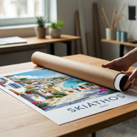 Skiathos Poster - Greece Travel Art - Couple Beachside Mediterranean Home Decor