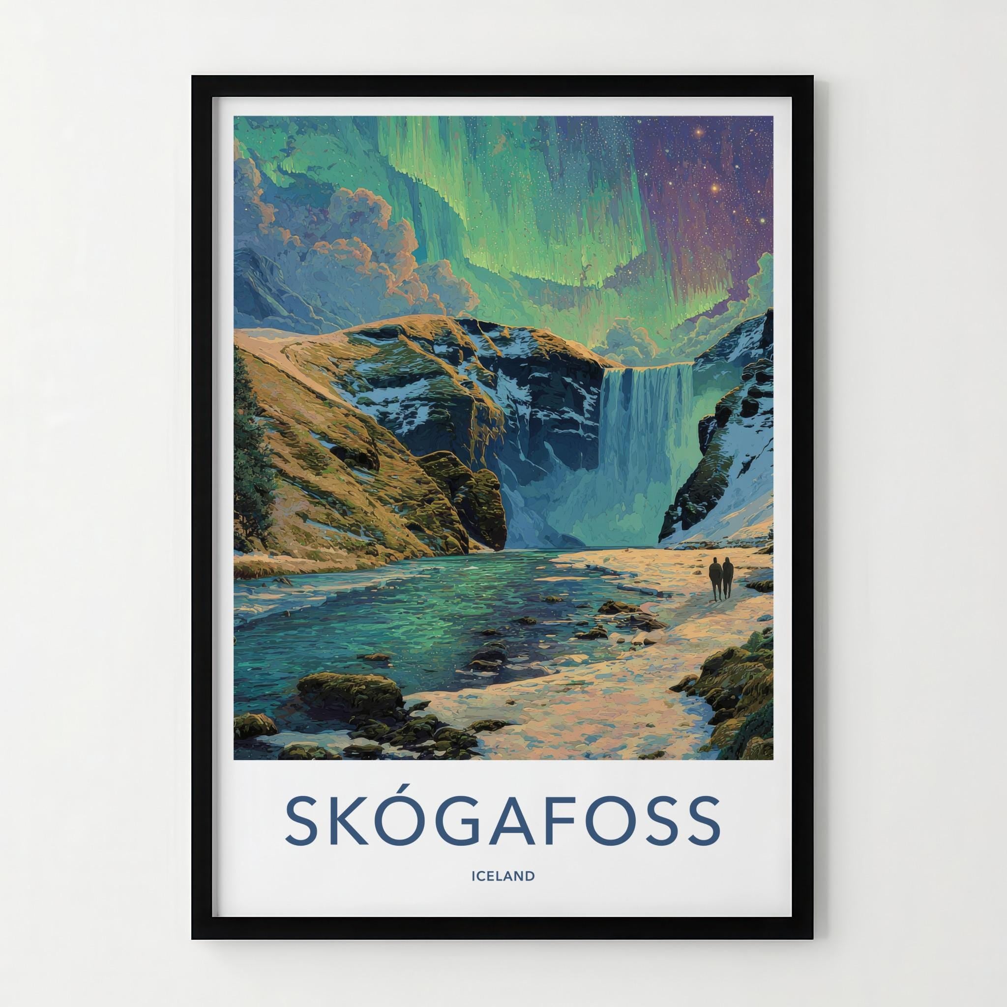Skogafoss Poster - Iceland Wall Art - Aurora Borealis Falls Home Decor