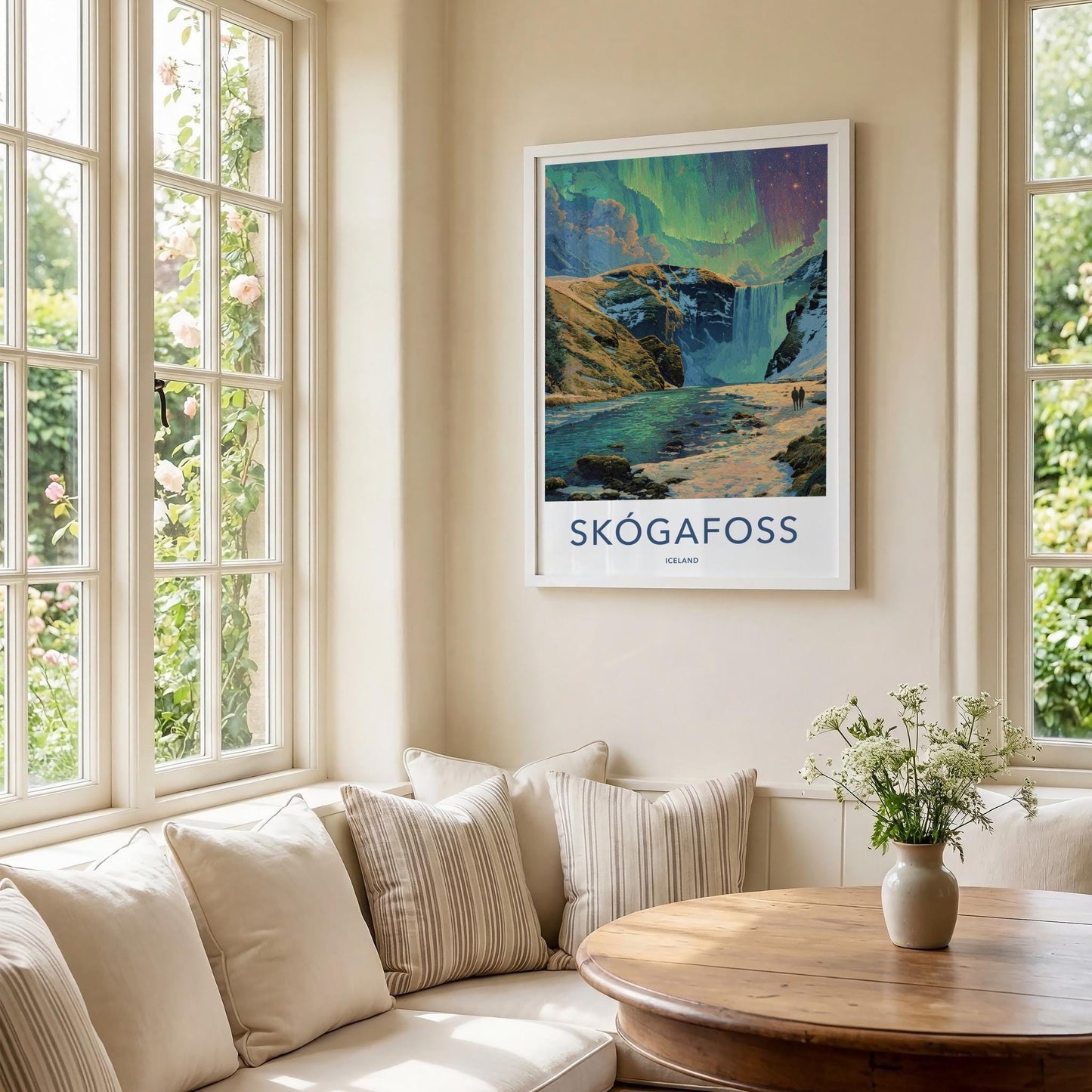Skogafoss Poster - Iceland Wall Art - Aurora Borealis Falls Home Decor