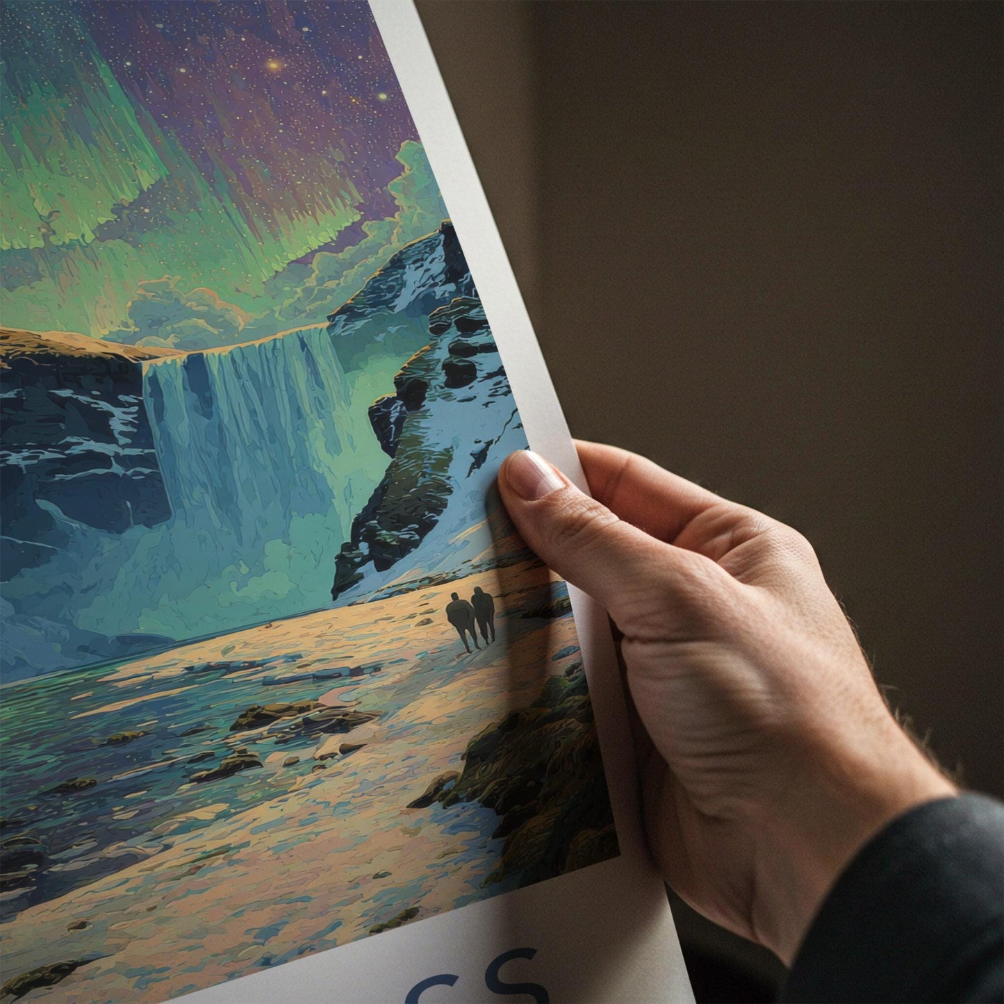 Skogafoss Poster - Iceland Wall Art - Aurora Borealis Falls Home Decor