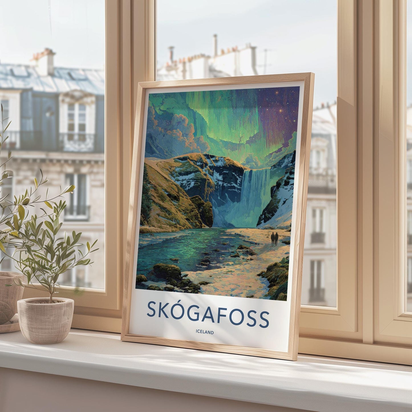 Skogafoss Poster - Iceland Wall Art - Aurora Borealis Falls Home Decor
