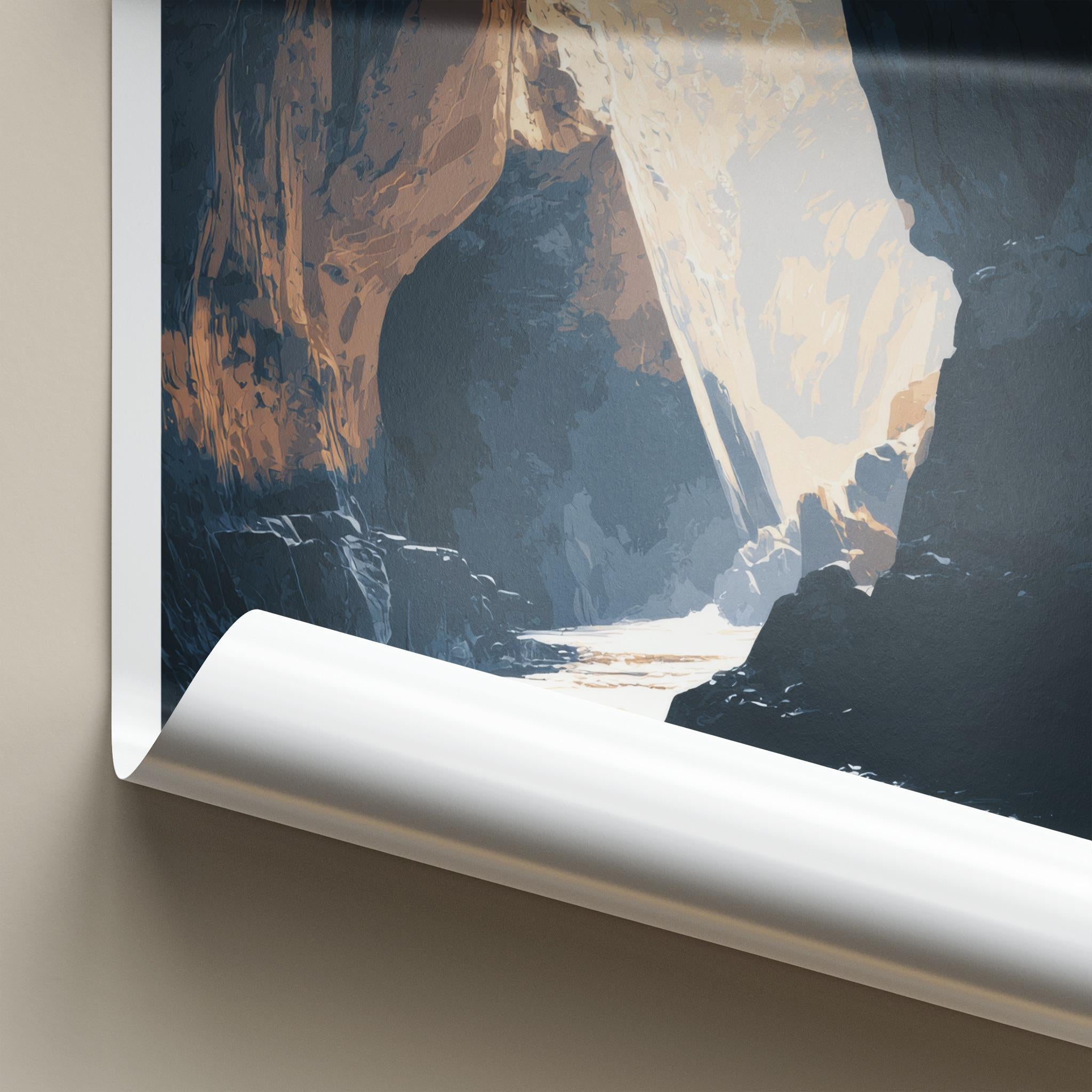 Smoo Cave Poster - Scotland Travel Art - Sunlit Cave Water Home Decor